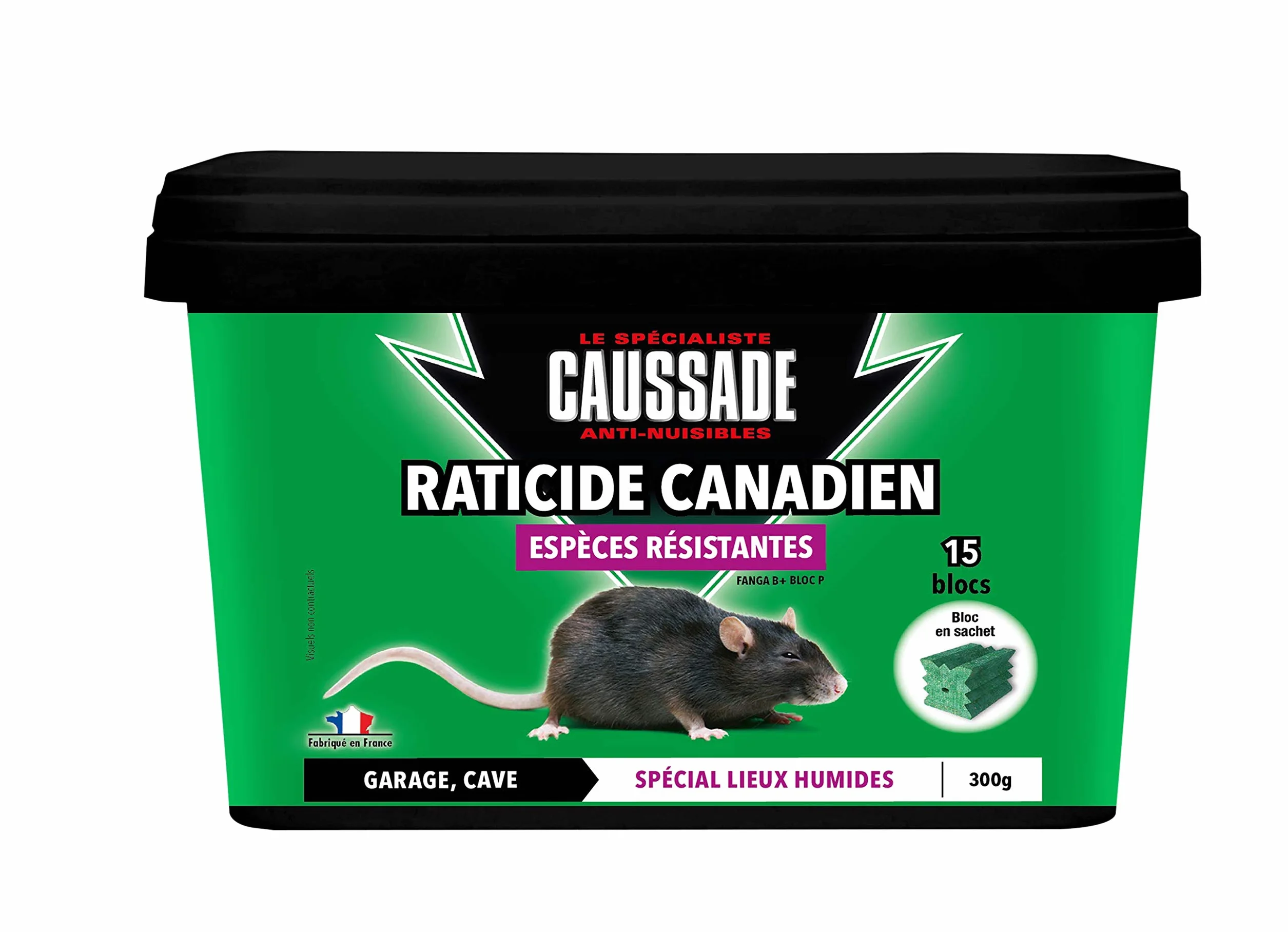 CAUSSADE Raticide Canadien - Anti Rats & Souris - Efficacité Radicale - Lieux très humides – Appâts Blocs - Prêt à l'emploi - Une Ingestion Suffit - Fabriqué en France - 15 Blocs - 300g CARBL300N