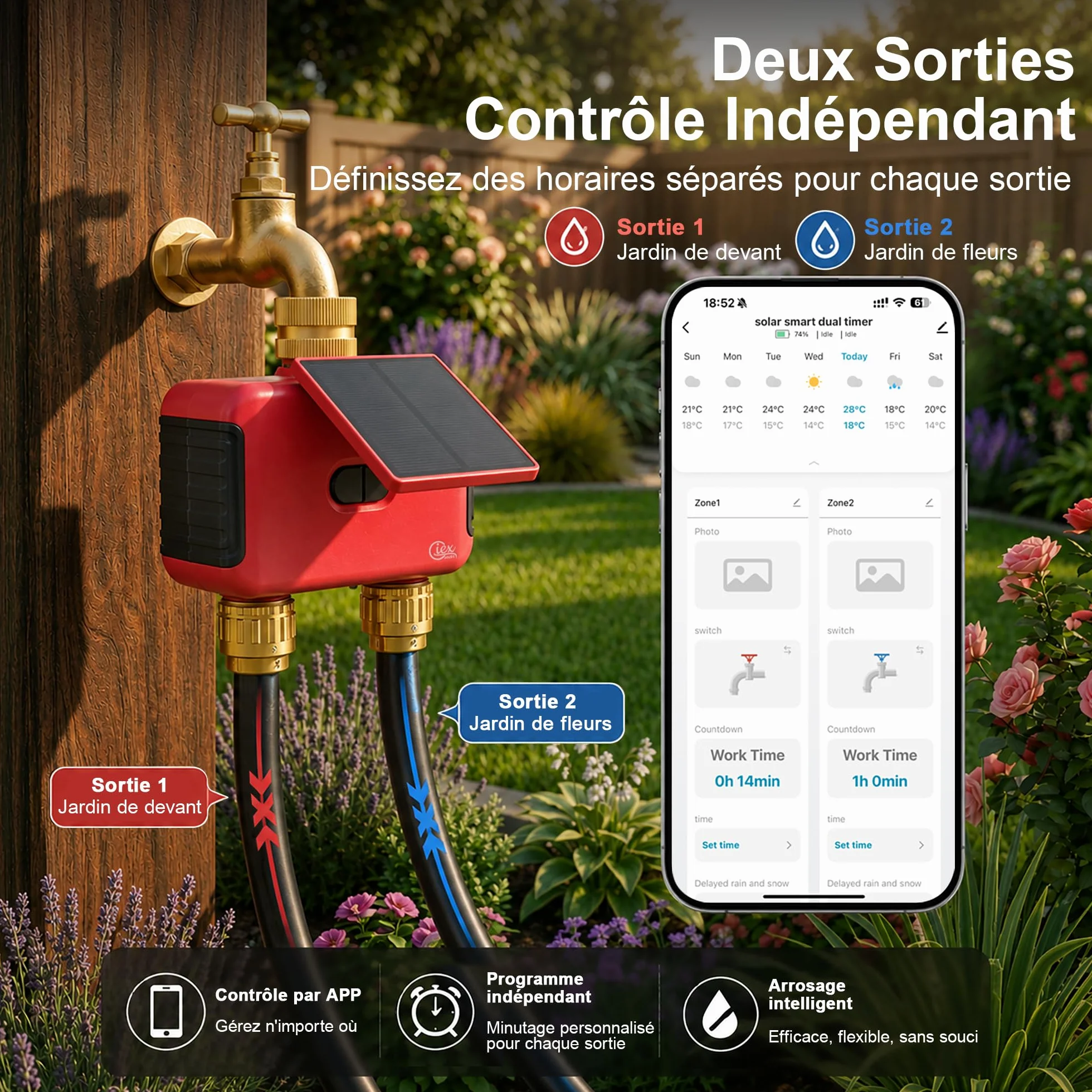 Programmateur d’arrosage WiFi 2 Zones, minuteur d’Eau Solaire Rechargeable Double Sortie, raccords en Laiton, sans hub, Compatible Alexa et Google Assistant