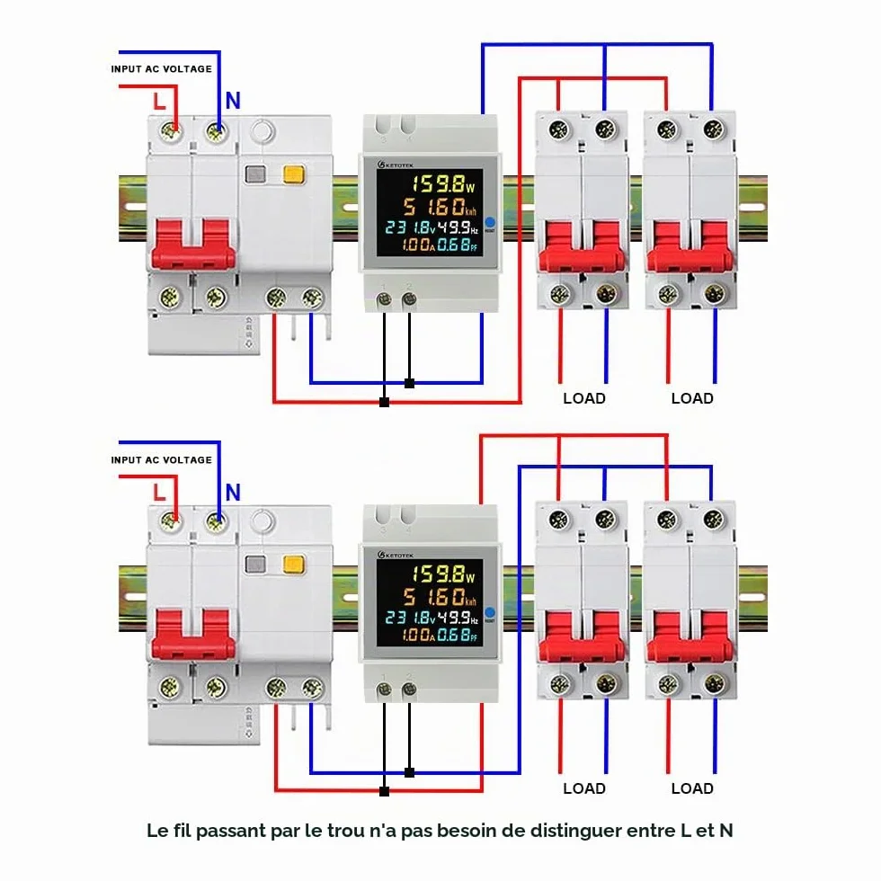 KETOTEK Compteur d'énergie numérique monophasé AC40-300V 100A DIN Rail Type CT