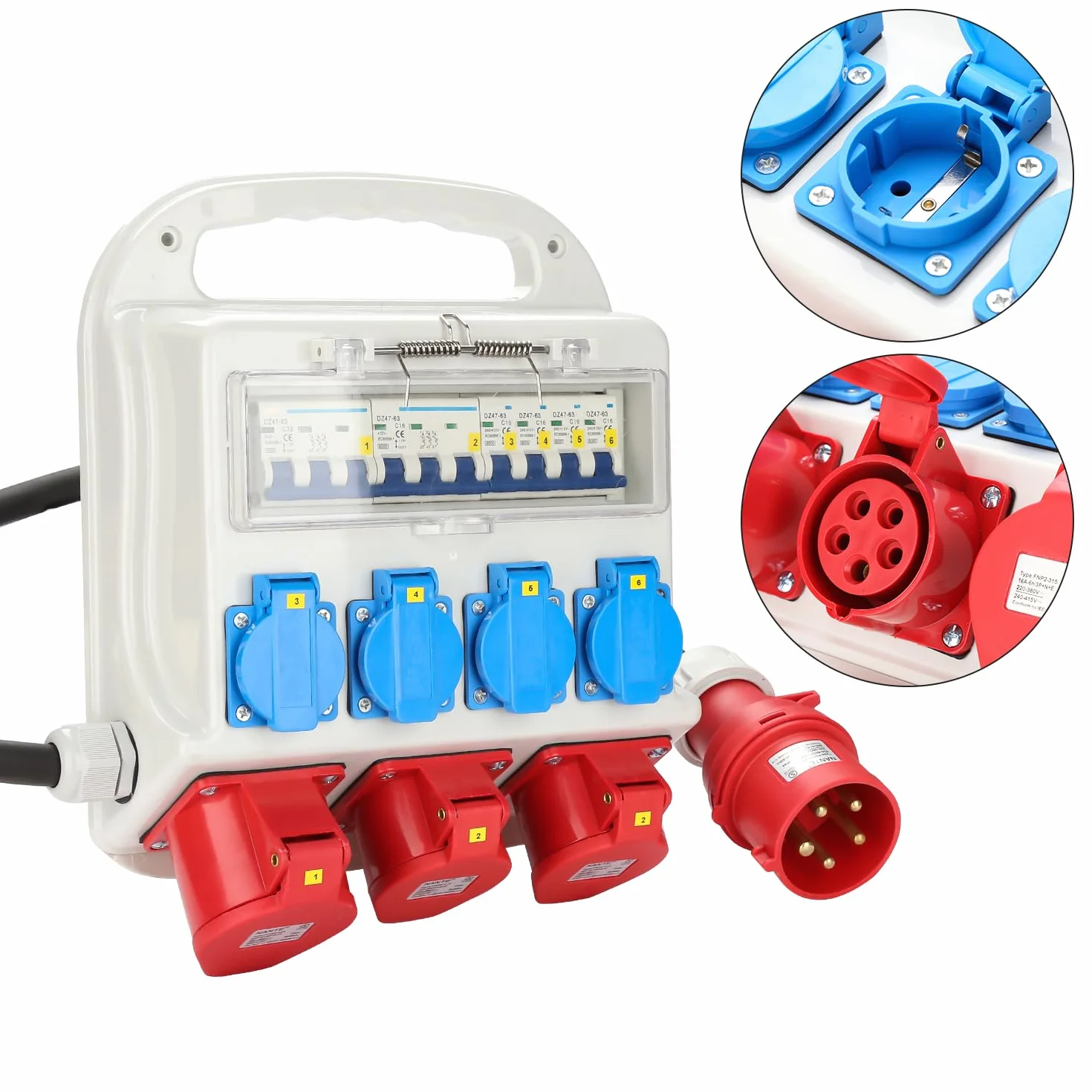 Distributeur mural CEE 16A 400V 32A 400V 230V Schuko IP44 5 pôles câble caoutchouc