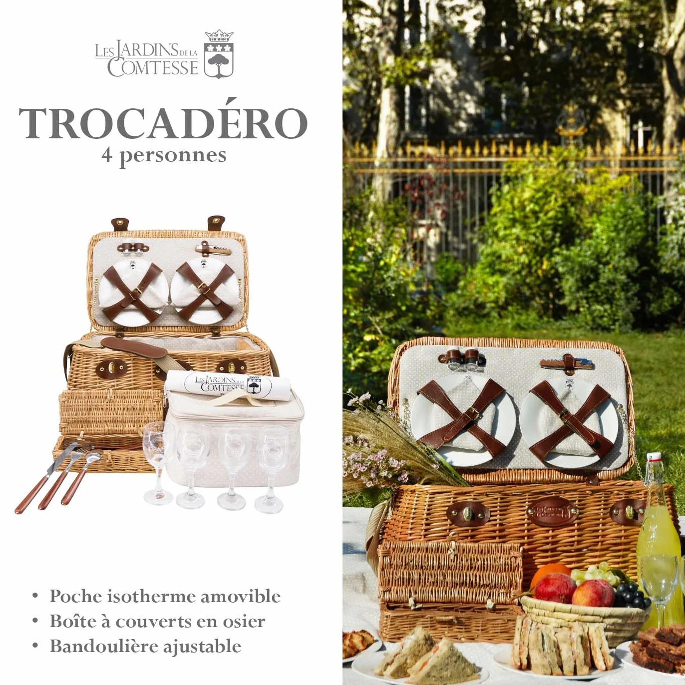 Les Jardins de la Comtesse - Panier Picnic Trocadéro - Complet pour 4 Personnes - Compartiment Amovible - Assiettes en Céramique et Verres à Vin en Verre - Tissu Beige à Pois Blancs - 50 x 33 x 25 cm