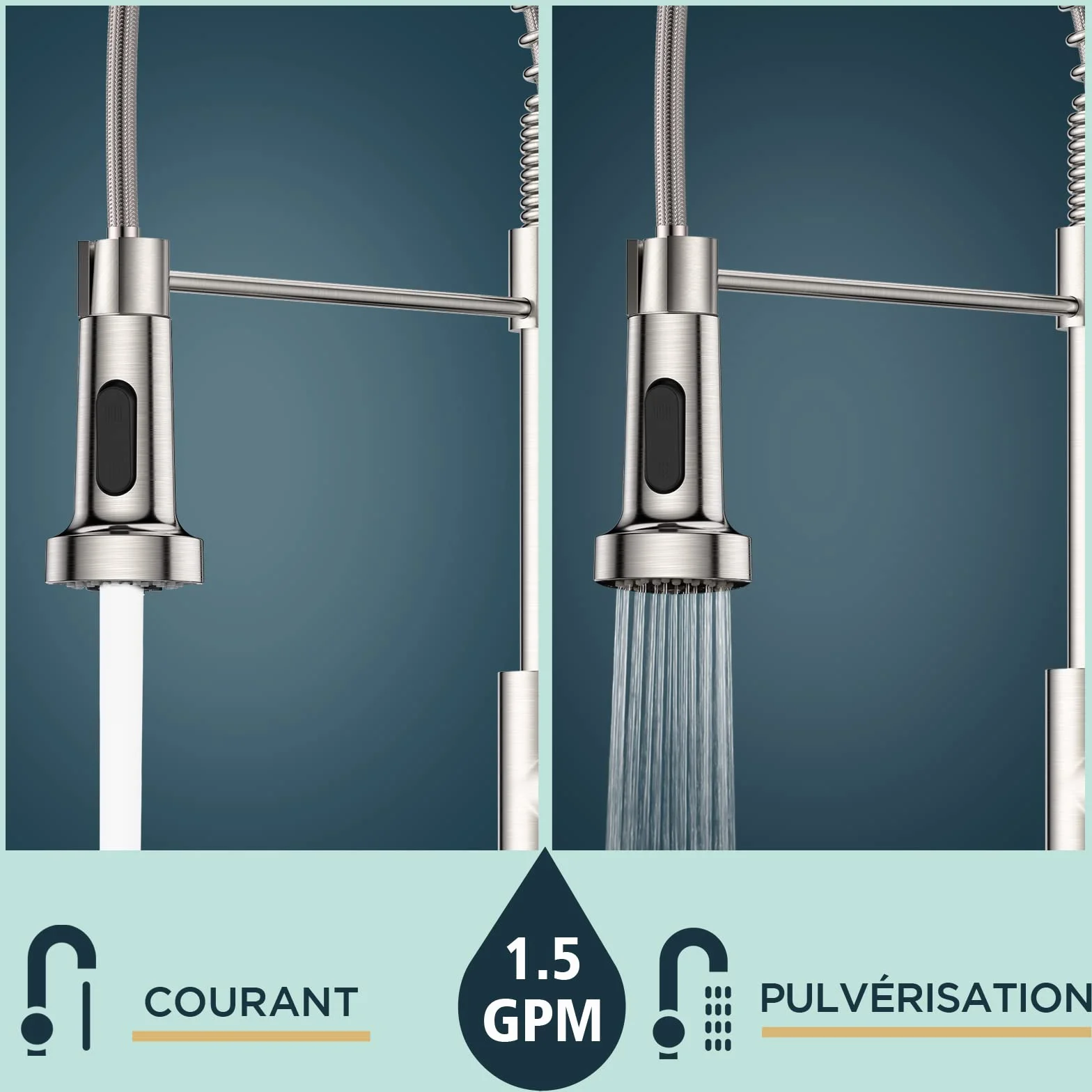 FORIOUS Robinet Cuisine Mitigeur Avec Douchette Pivotant 360° Évier Arc Élevé Pulvérisateur Escamotable 2 Modes Acier Inoxydable