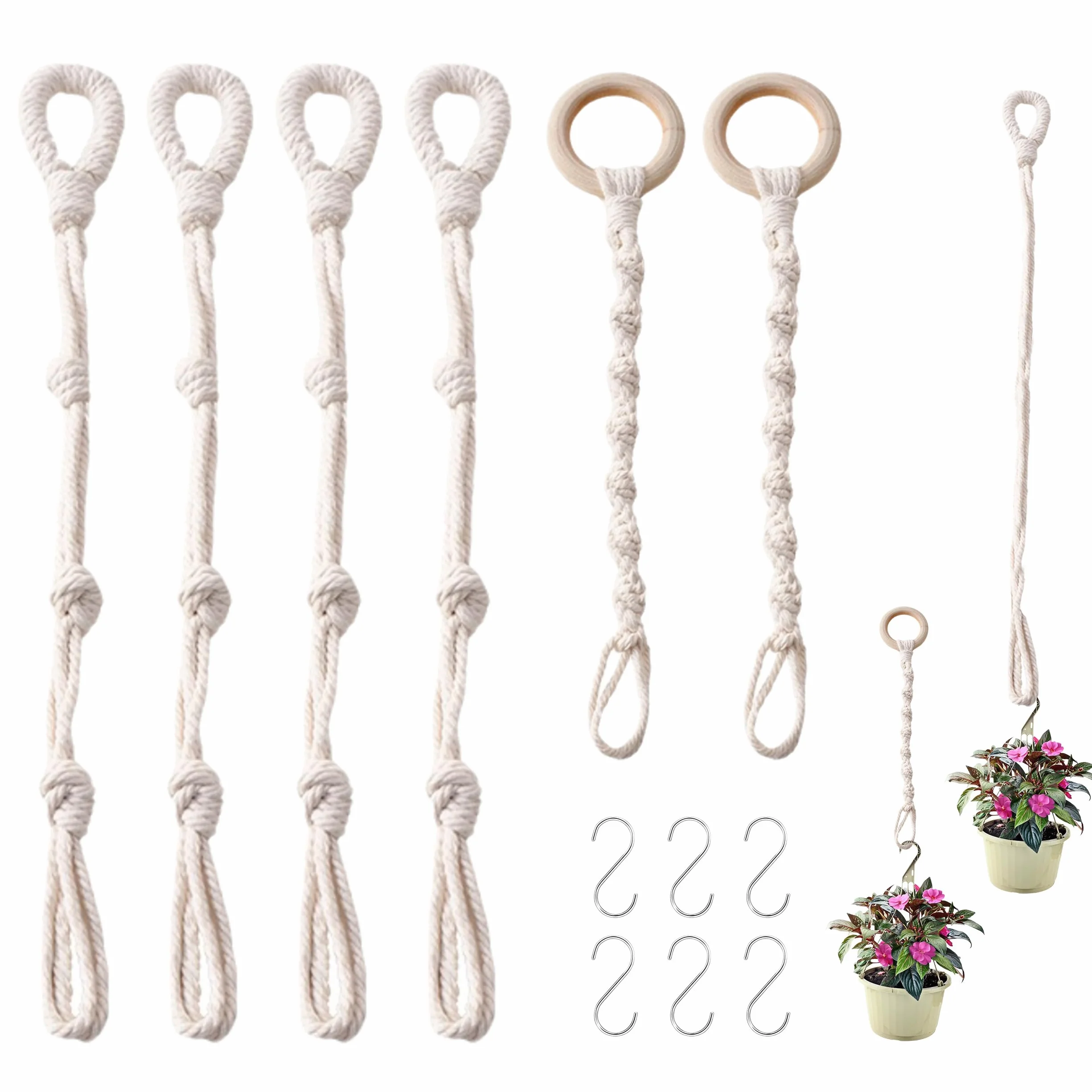 Rallonges de Suspension Plante, 6 Pièces Support de Plantes Macramé, Suspension Pot de Fleurs en Corde de Coton Beige Style Bohème avec Crochets pour Extérieur Jardin et Balcon