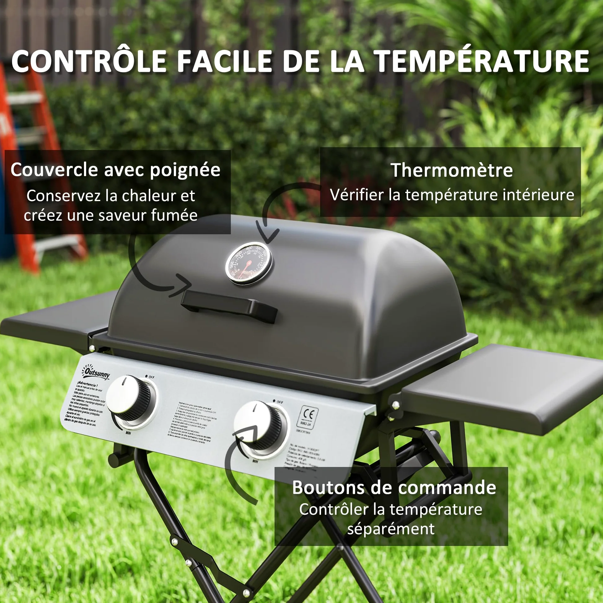 Outsunny Barbecue Gaz Transportable Pliable, 2 Brûleurs 5,6 kW, Barbecue Gaz de Camping avec Grille de Cuisson, Étagères Latérales, Couvercle, Thermomètre et Roues, pour Camping Jardin Balcon, Noir