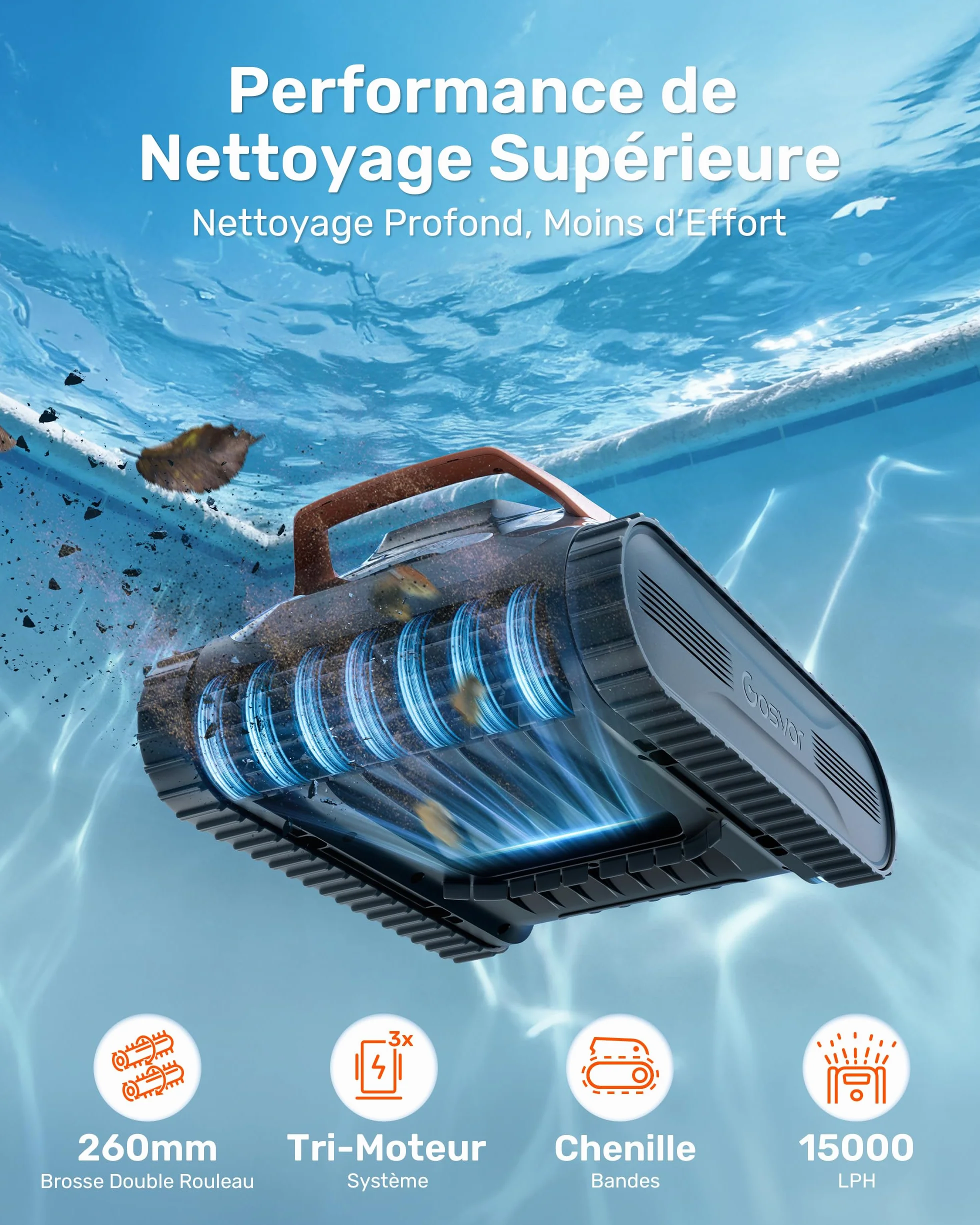 Gosvor LiteVac G1 Robot Piscine Fond et Parois, 6,9 kg Ultra Léger, 200 Min Autonomie, Double Filtration, Navigation Intelligente, App, 200 m² Orange