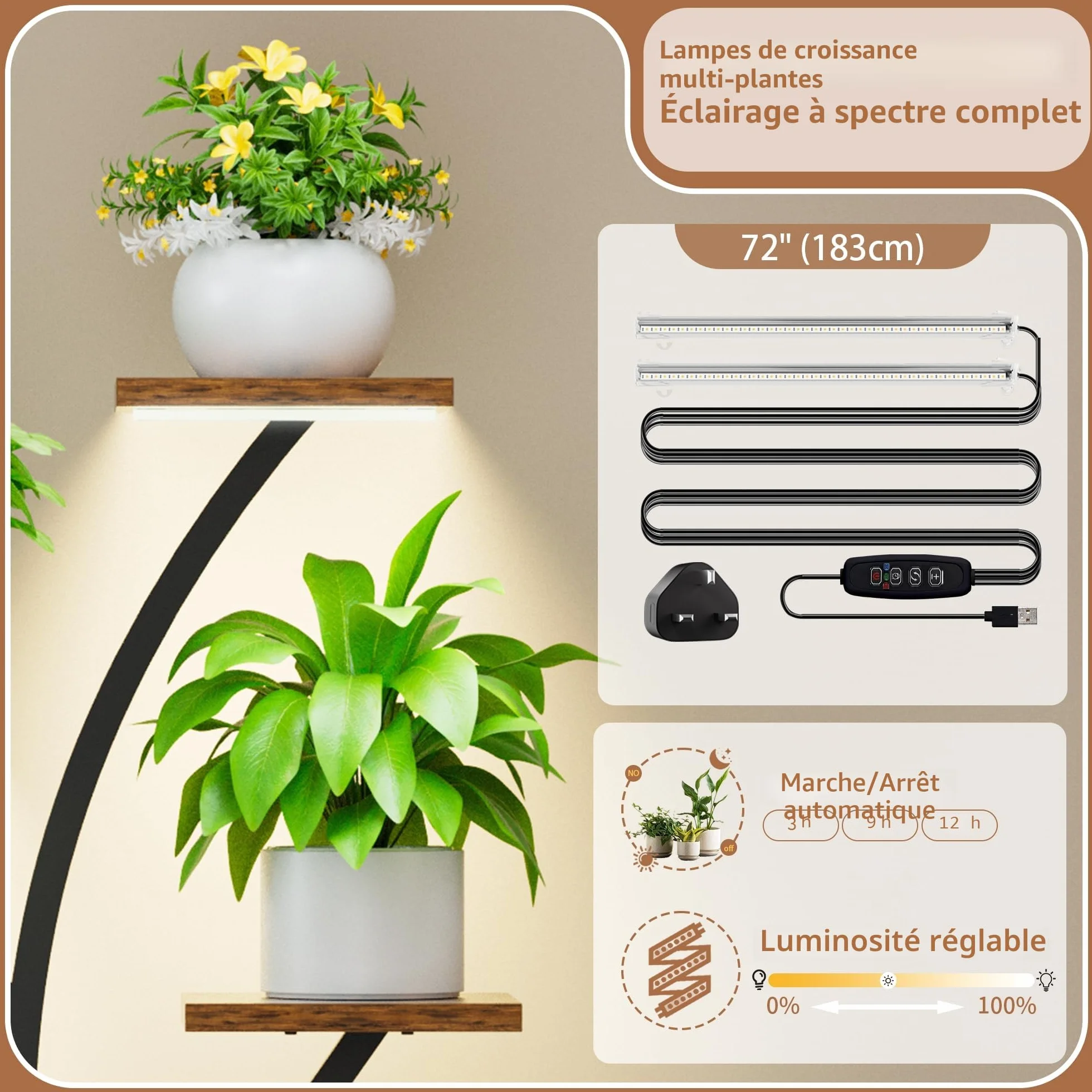 BACEKOLL Support pour plantes avec lumière de croissance 126 cm Métal Bois Noir Étagère à plantes