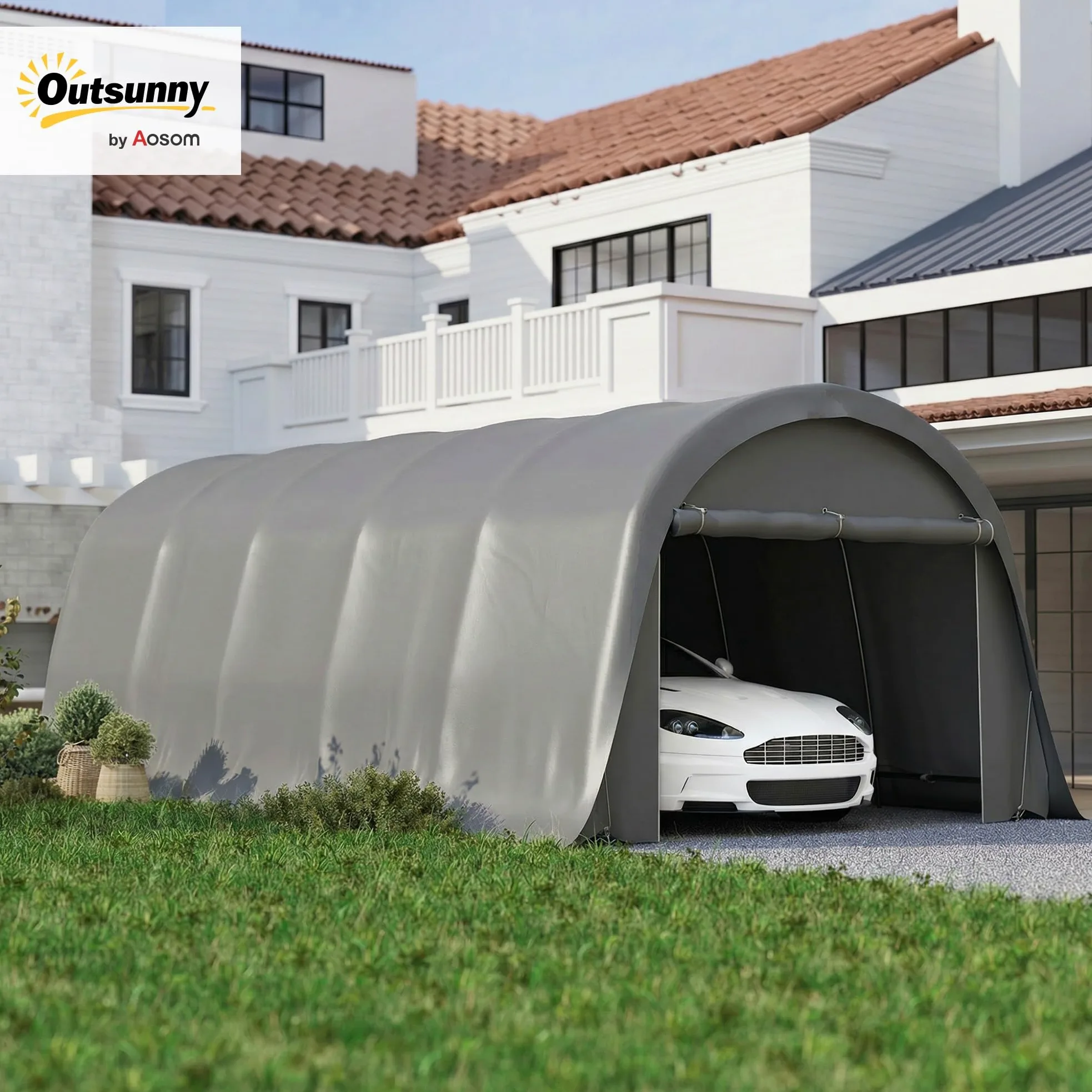 Outsunny Carport Tente de Garage 3,6 x 7,2 m, abri Voiture extérieur, Tente de Stockage avec parois latérales Amovibles et Grande Porte Roulante, carport pour Voiture, Camion, Bateau, Gris foncé