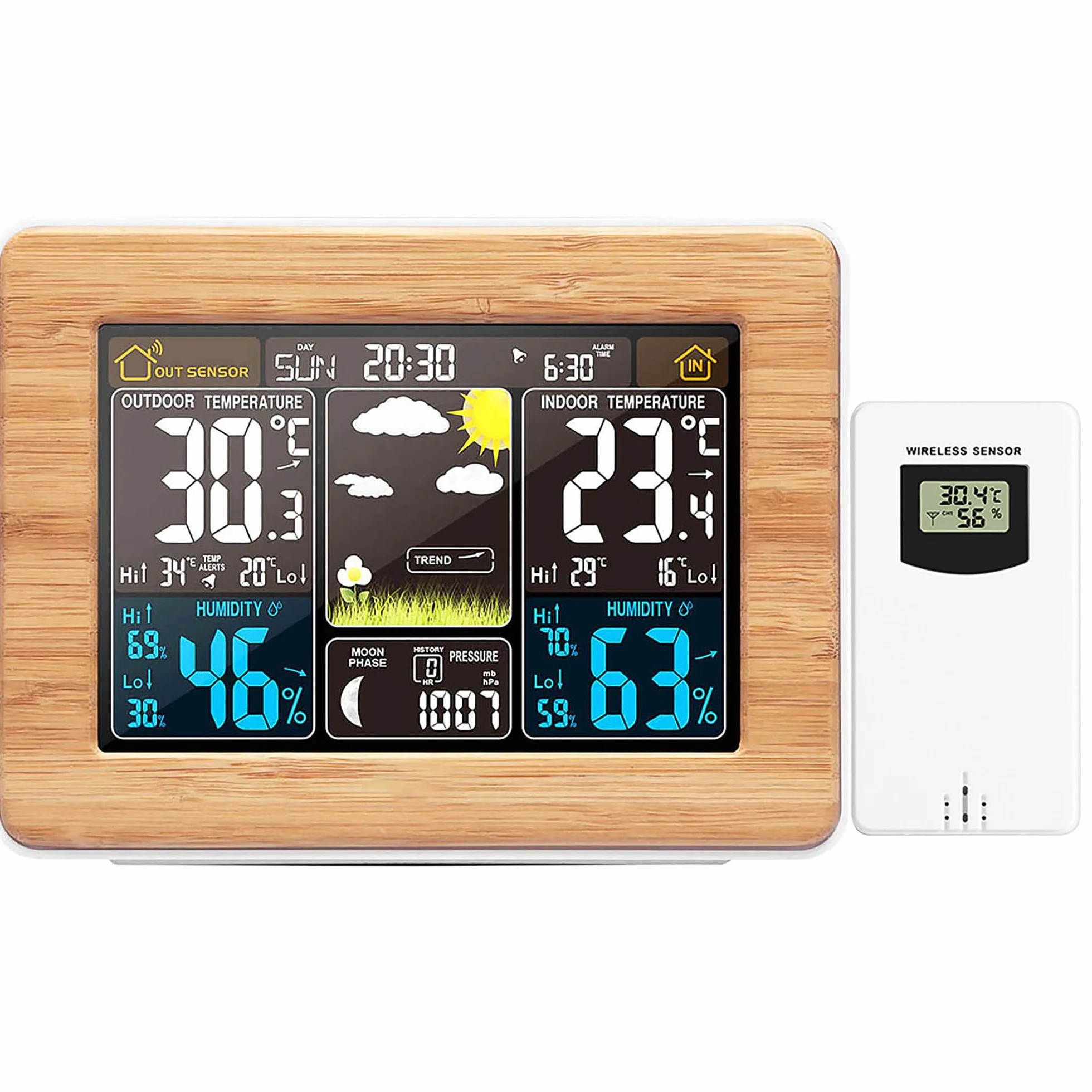 Station météo sans fil numérique avec capteur extérieur, thermomètre intérieur/extérieur, horloge, alarme, phases de lune