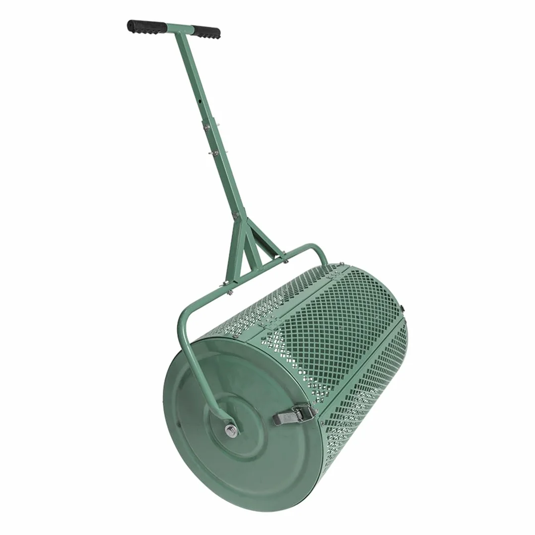 Épandeur de compost 75 l polyvalent - Filet en métal - Épandeur d'engrais - Rouleau - Semences - Pelouse - Mousse de tourbe - Vert