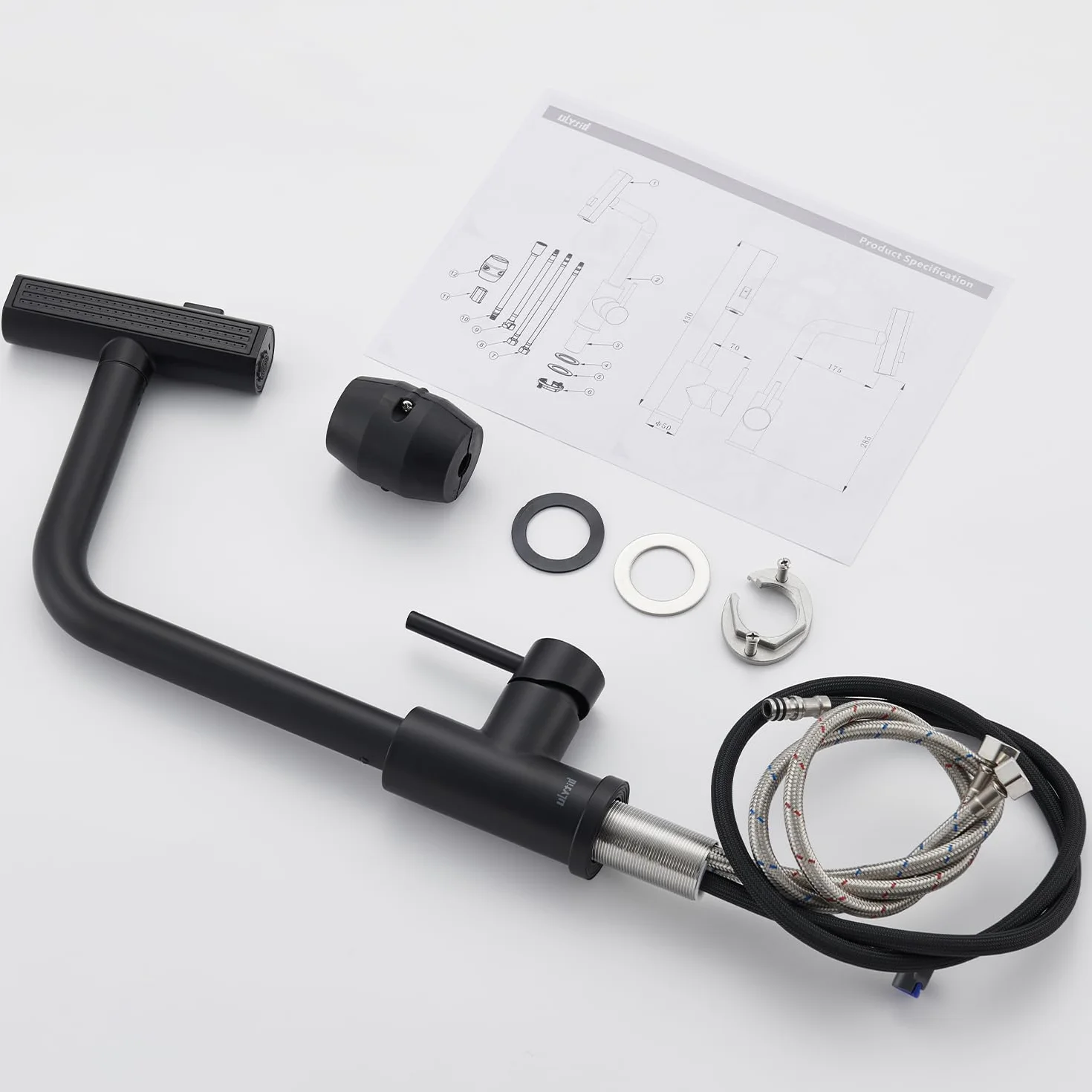 Mitigeur Cuisine Noir Cascade, Douchette Extractible 3 Modes, Robinetterie Evier Escamotable Rotatif 360° Acier Inoxydable