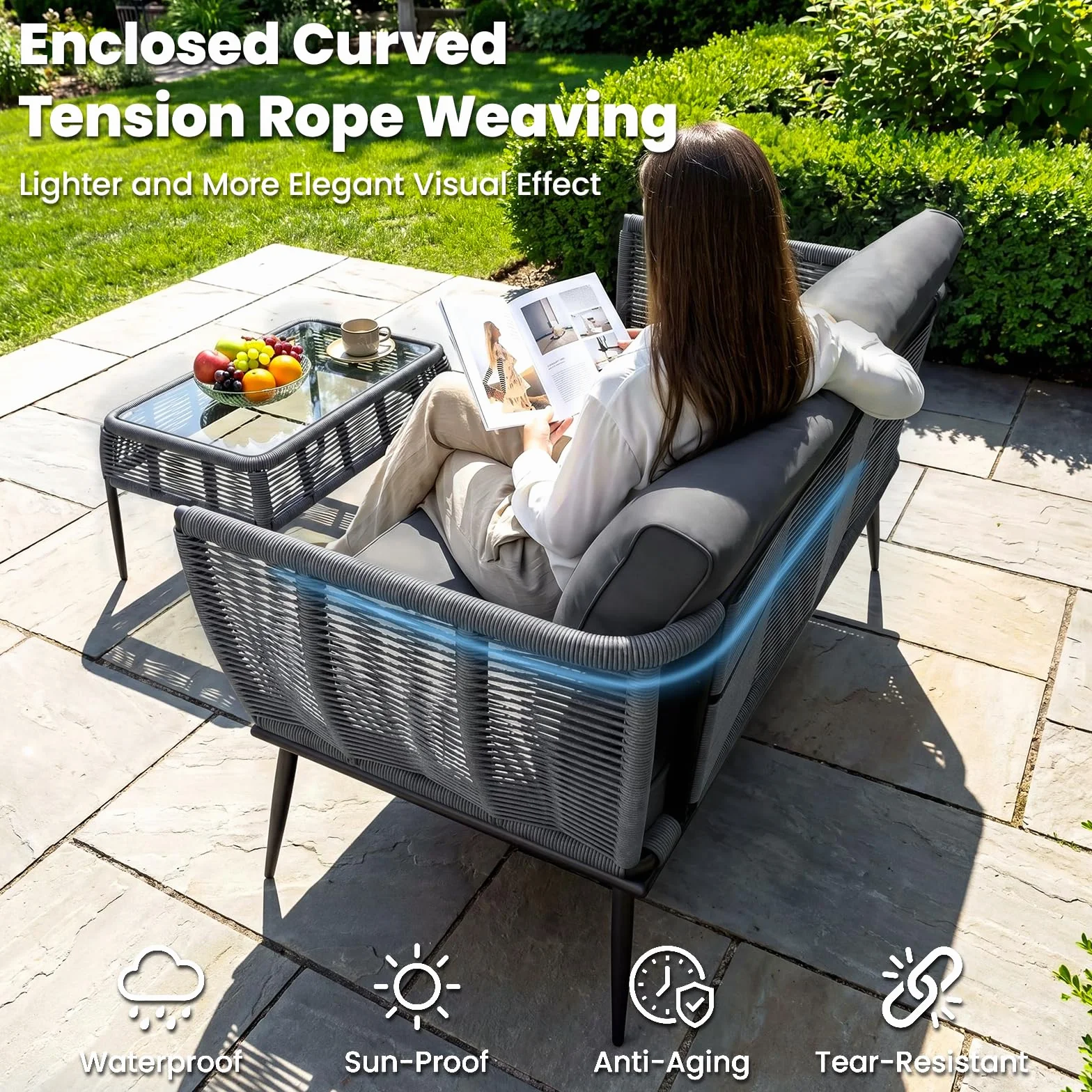 LIFERUN Canapé de Jardin 2 Places en Résine Tressée avec Coussins d'Assise et de Dossier, Banc de Jardin avec Accoudoirs, pour Balcon, Terrasse, Jardin, Piscine, Intérieur et Extérieur, Gris