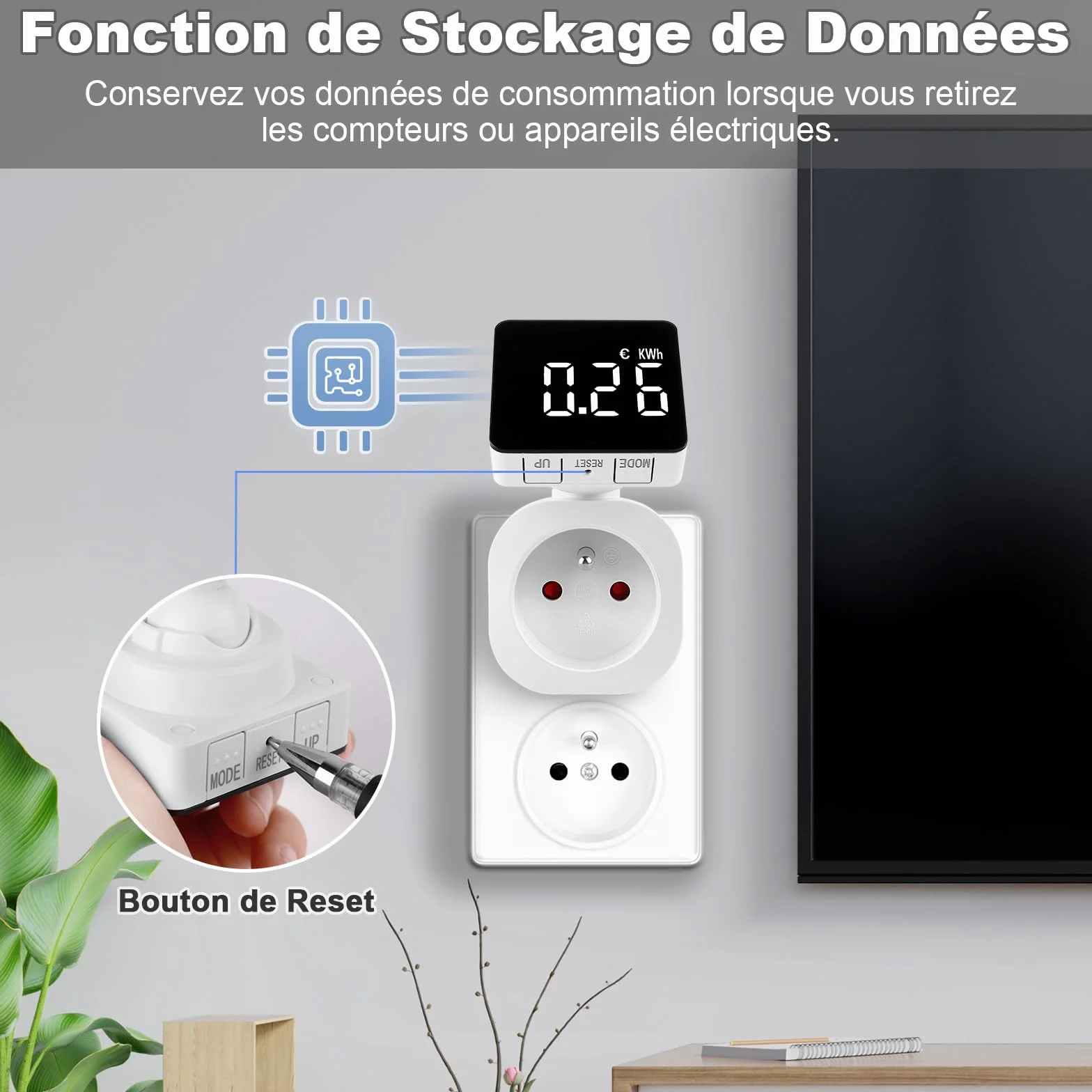 Compteur Électrique Wattmètre Prise avec LCD Rotatif 180°, 6 Modes Mesure kWh, Tension, Courant, Coût
