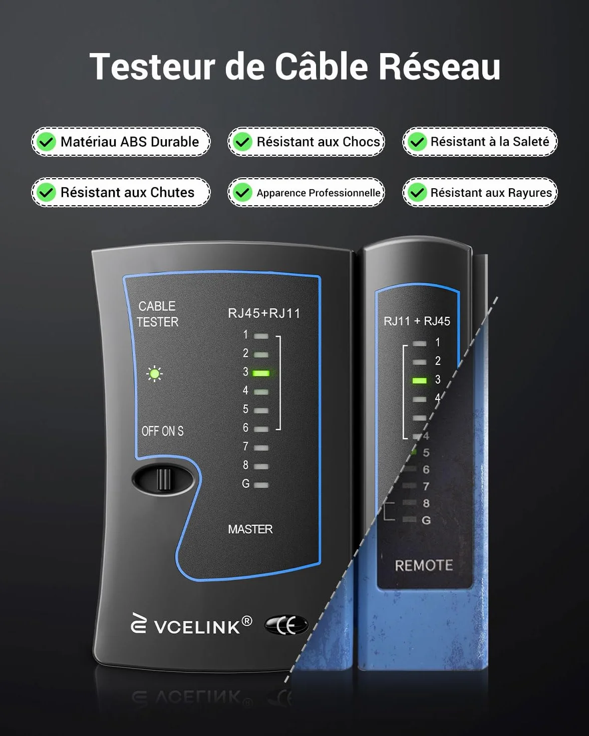VCELINK Testeur RJ45 Testeur de Câble Réseau pour CAT7 CAT6A CAT6 CAT5E CAT5 RJ11 Noir