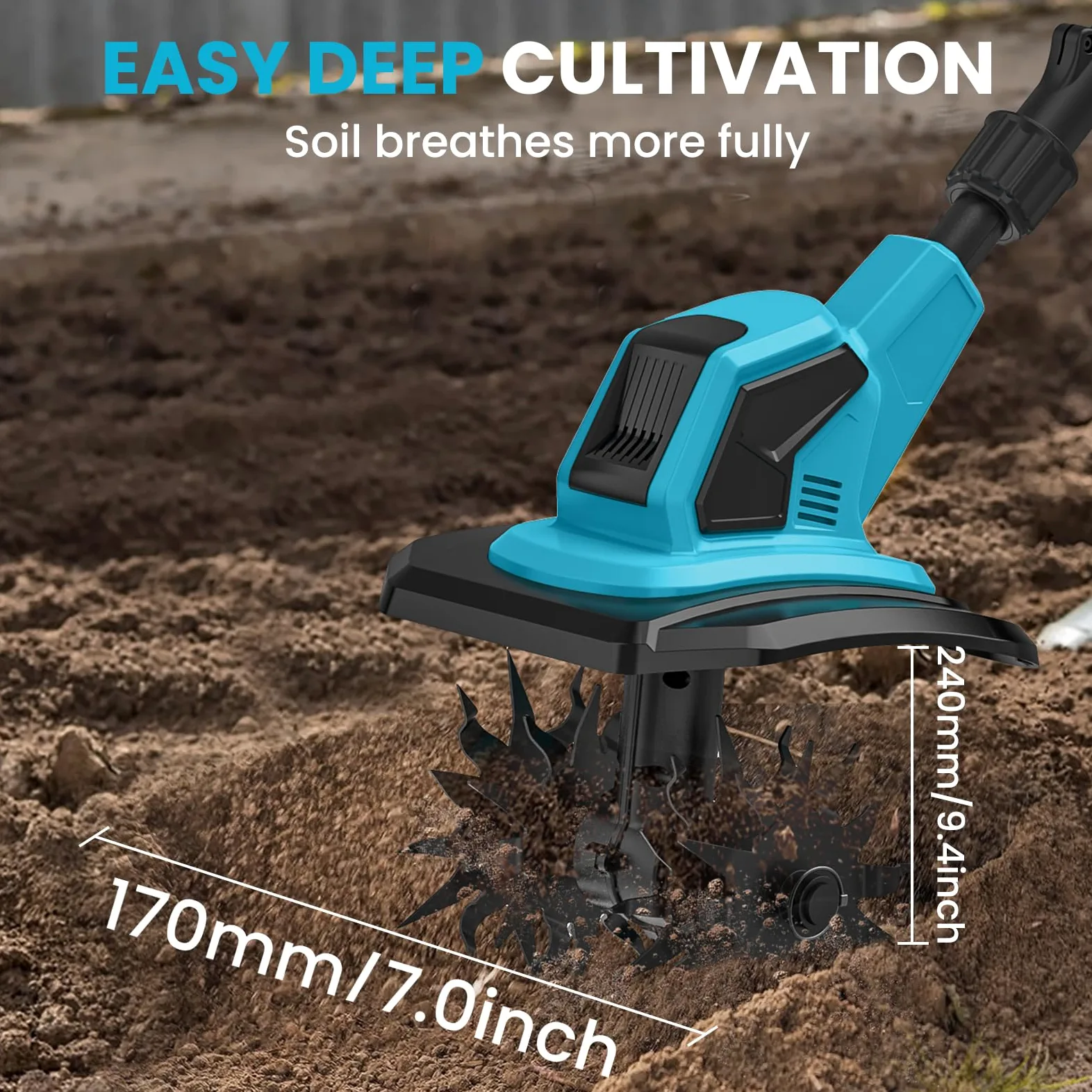 Motobineuse Electrique 21V, Motoculteur sans Fil 600 W avec 2 x 4,0 Ah Batteries, Largeur de Travail 17 cm, Profondeur de Travail 24 cm, 360 TR/Min, Motobineuse Électrique pour Le Jardin et la Cour