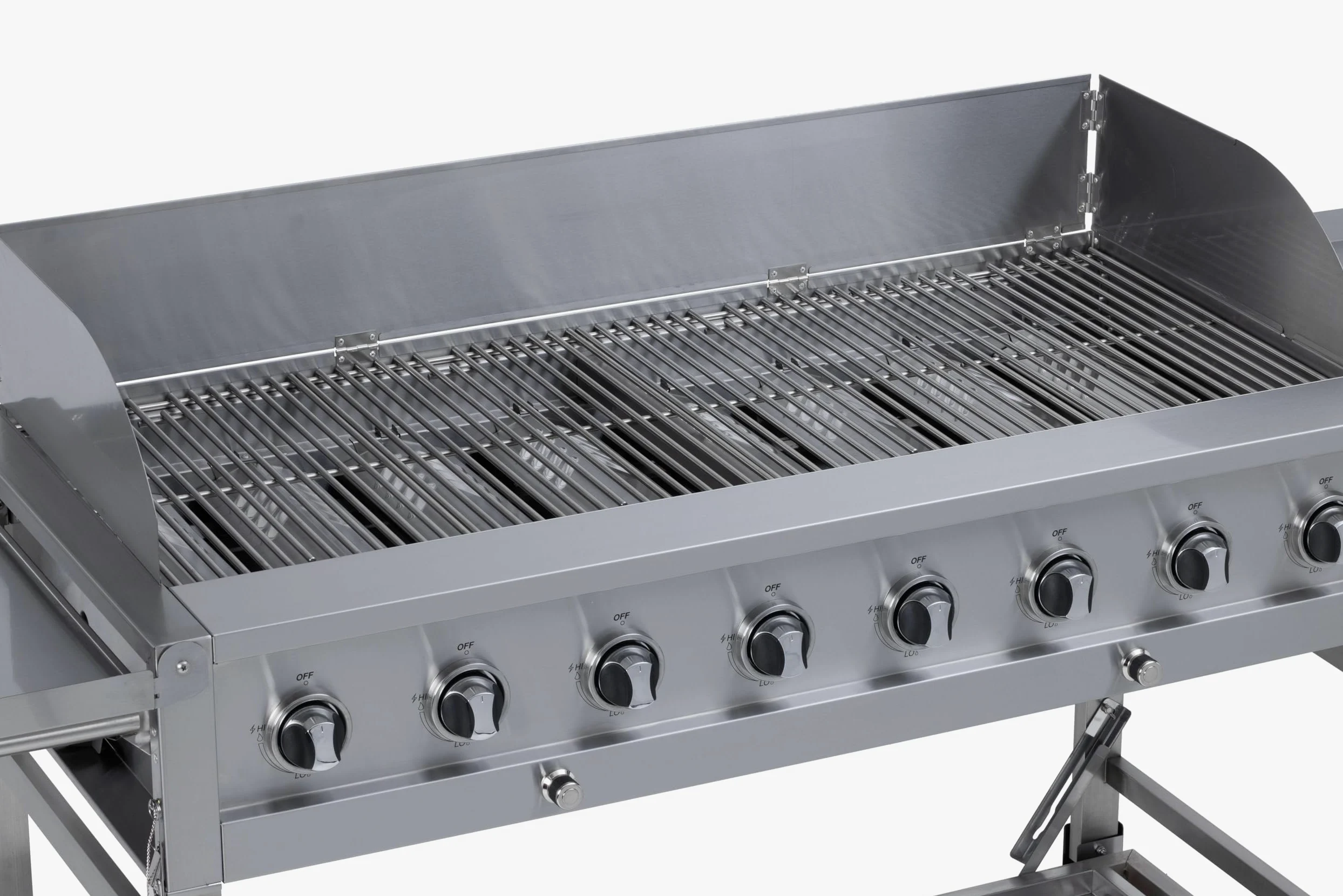 METRO Professional Barbecue à Gaz, Acier Inoxydable, 8 Brûleurs, 32 kW, Puissance 116 000 BTU, 4 Grilles de Cuisson, Roulant, Tables Pliables, Argent