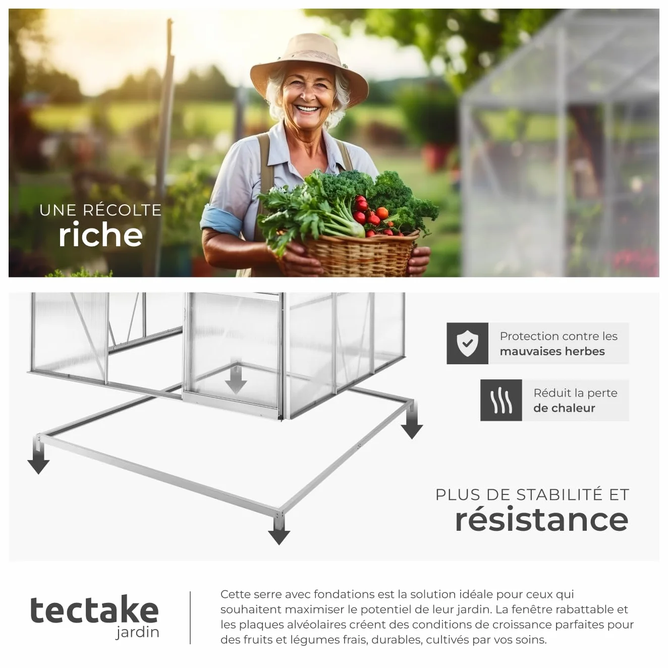 tectake® Serre de Jardin avec Base en Aluminium Polycarbonate pour Potager Exterieur Serre de Jardin pour Hivernage Tente Abri pour Les Plantes Serre à semis Jardinage - 190x185x195 cm