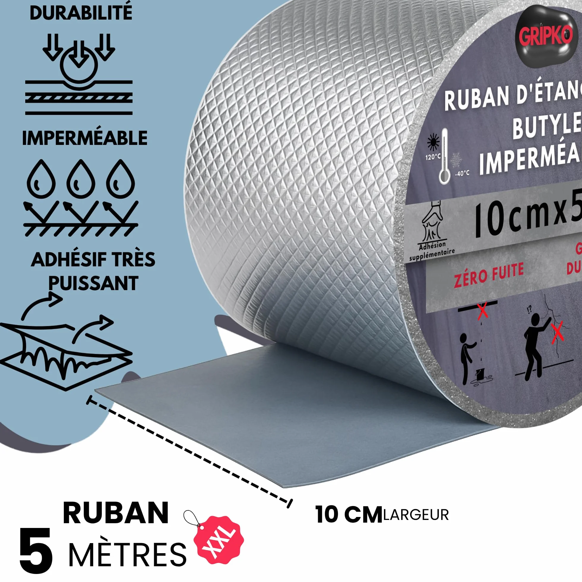 Ruban Butyle 10cm x 5M Bande d'Étanchéité Impermeable Autocollant Aluminium Réparation Tuiles Fissures Fuites Adhésif
