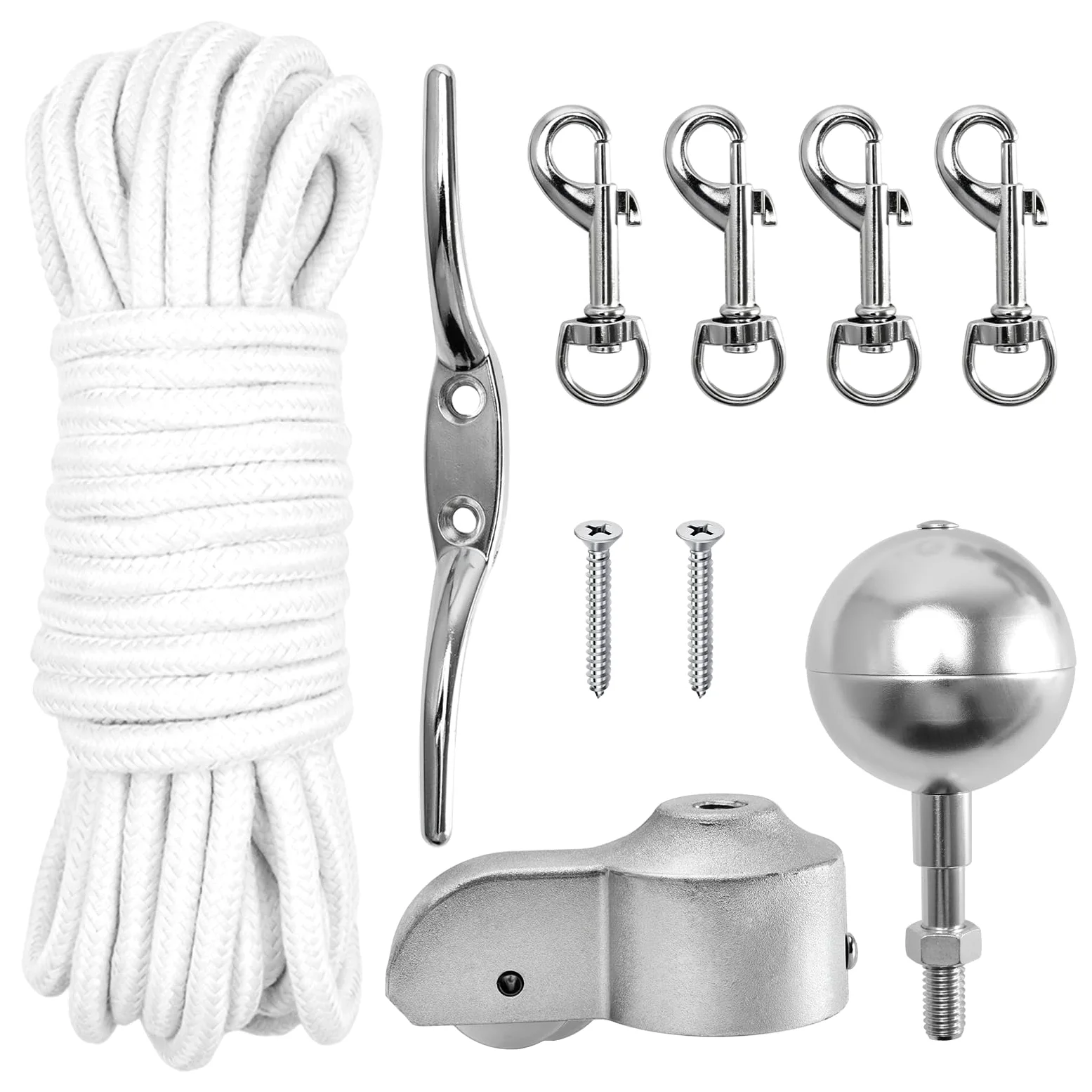 Kit d'accessoires pour mât de drapeau - Kit de réparation pour mât de 5,1 cm de diamètre - Avec boule, corde de 15 m, 4 mousquetons, cheville, surmatelas avec poulie pour décoration de jardin