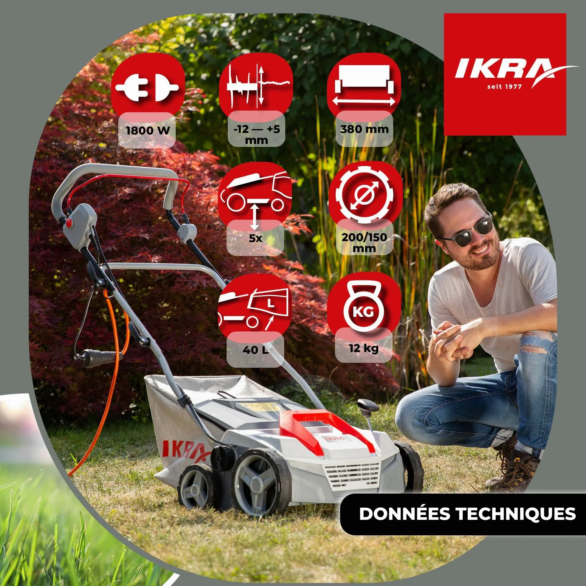 IKRA scarificateur-aérateur électrique IEVL 1838, largeur 38 cm, 1 800 W | Bac de ramassage de 40 l, profondeur de travail de +5 à –12 mm, changement de rouleau sans outil, appareil 2 en 1