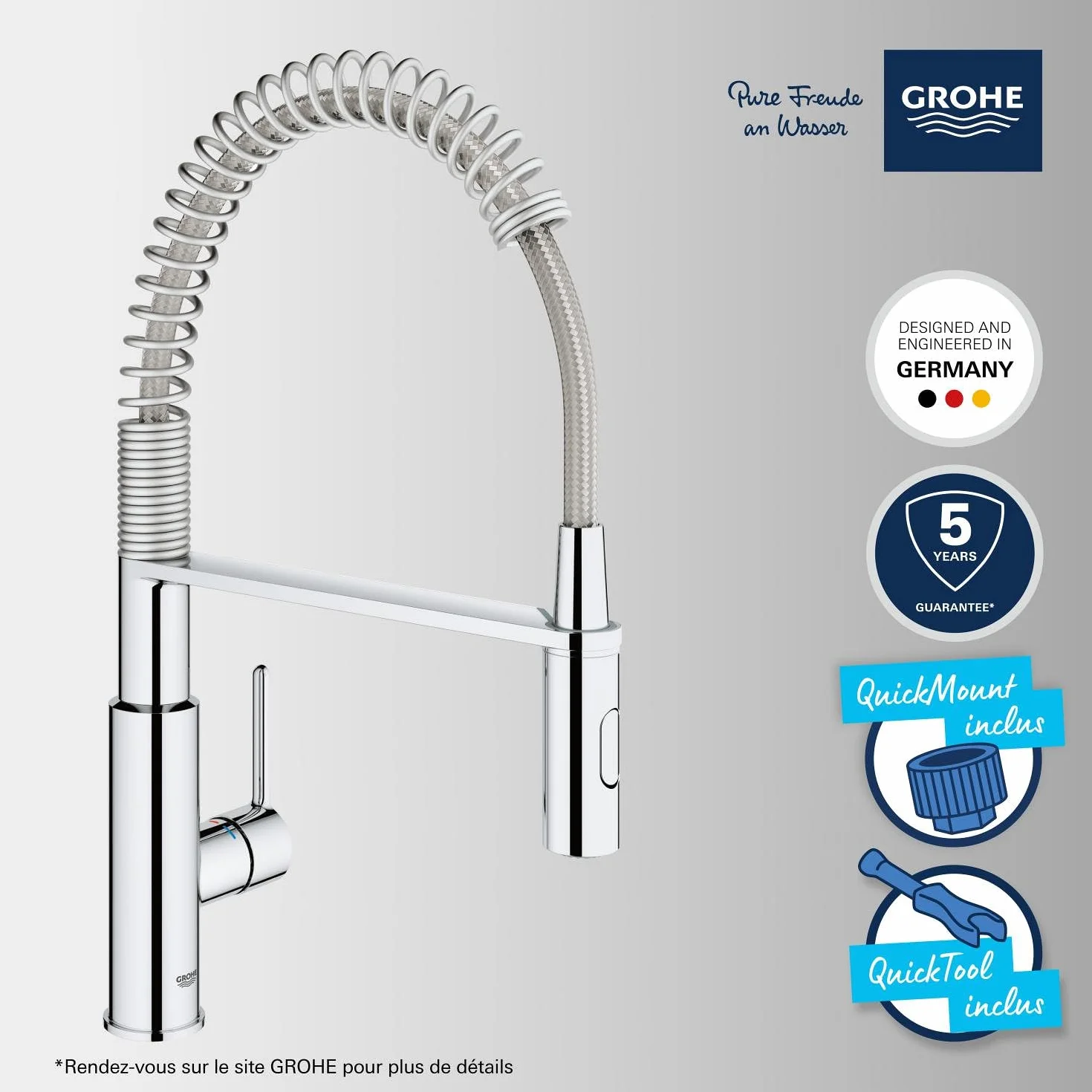 GROHE Mitigeur monocommande 2 jets Robinet évier de cuisine avec douchette extractible Chromé 30361000