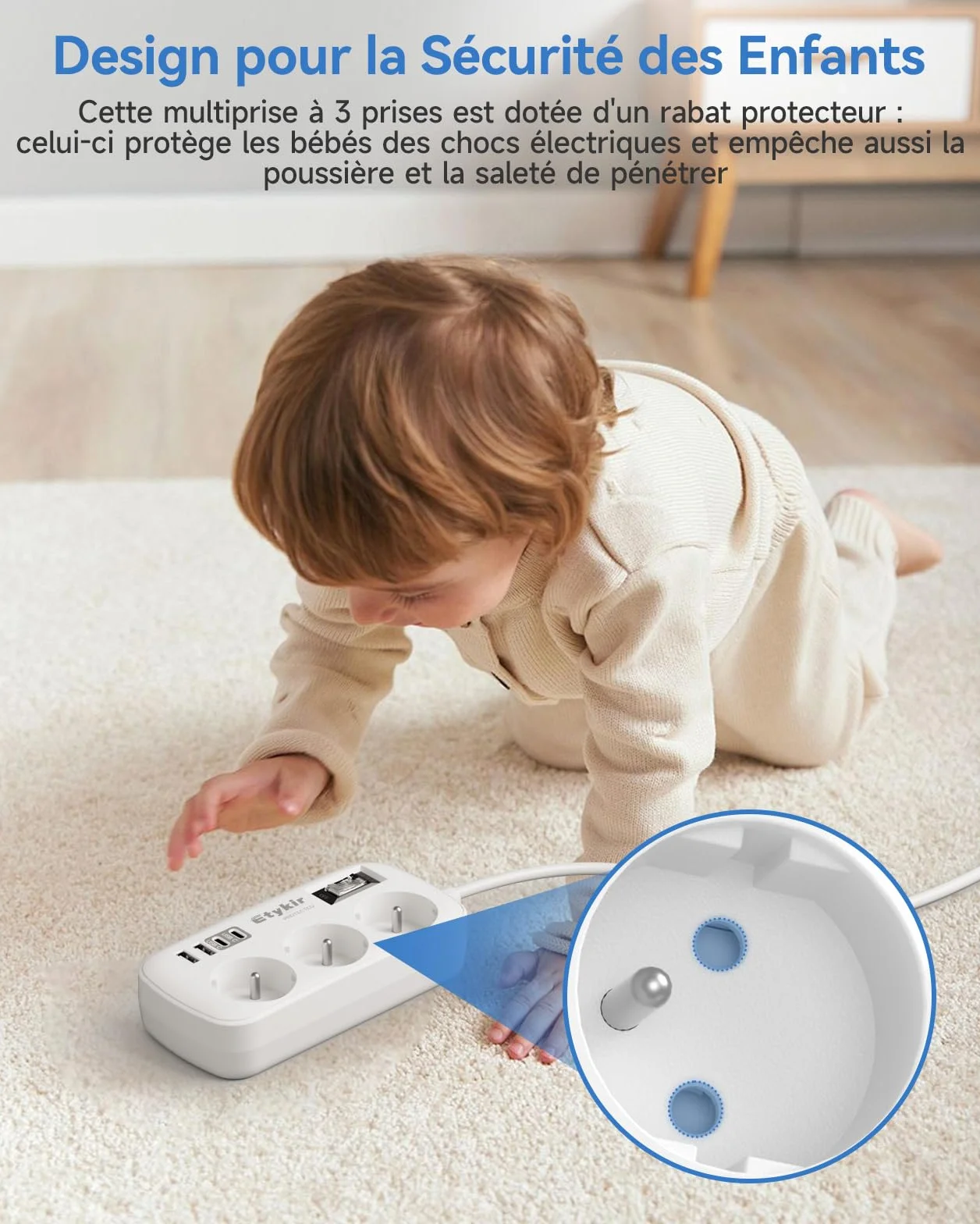 Multiprise Plate avec Interrupteur, 4 USB (2 USB-C), Parafoudre et Surtension, Rallonge 1,5 m Blanc