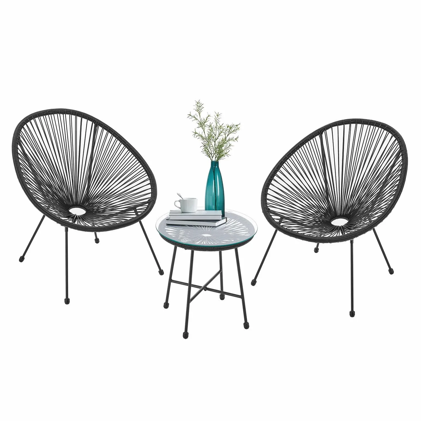 Juskys Ensemble de Meubles de Balcon Ostana en 3 Parties - Table et 2 fauteuils - Groupe de sièges élégant pour Balcon, terrasse et Jardin - Ensemble de Meubles de Jardin pour Balcon Noir