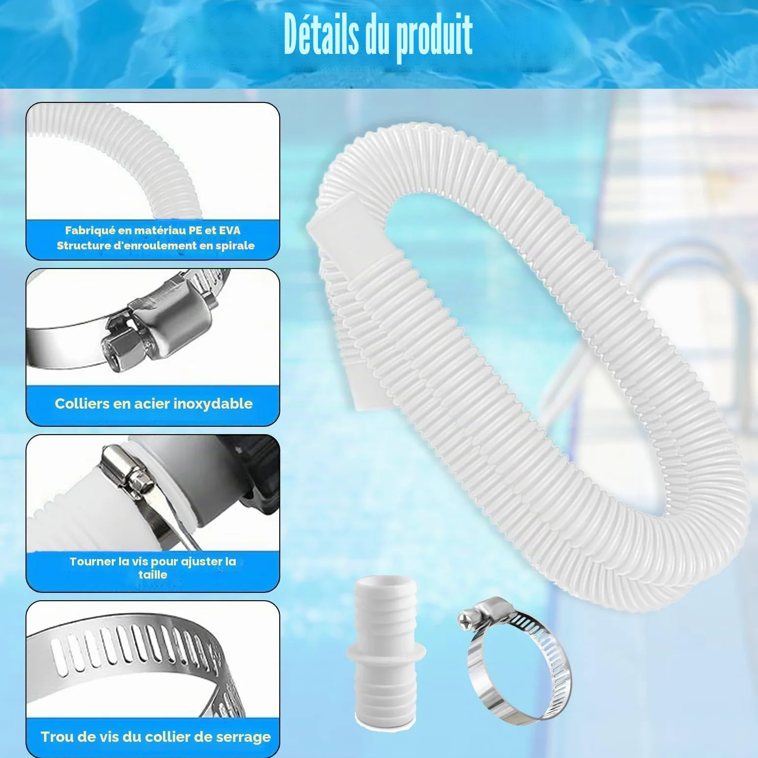 Lot de 2 tuyaux de piscine de 32 mm pour pompes de piscine avec 4 clips de sécurité et 1 raccord de tuyau, tuyau de piscine de 150 cm et 32 mm, pour pompe à filtre et piscine