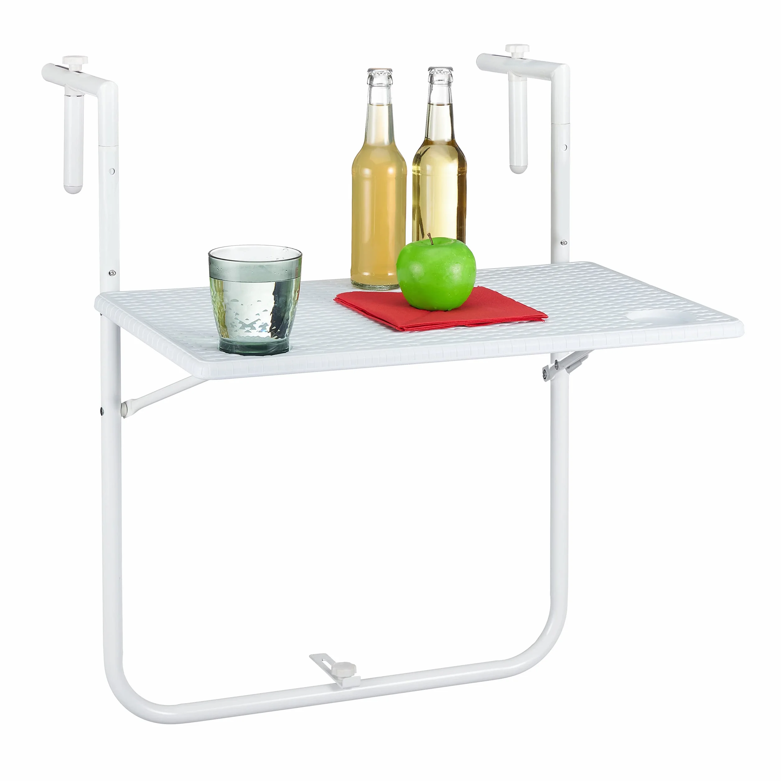 Relaxdays Table Balcon Suspendue Rabattable réglable Hauteur 3 Niveaux Rotin 59,5 x 36 cm Blanc