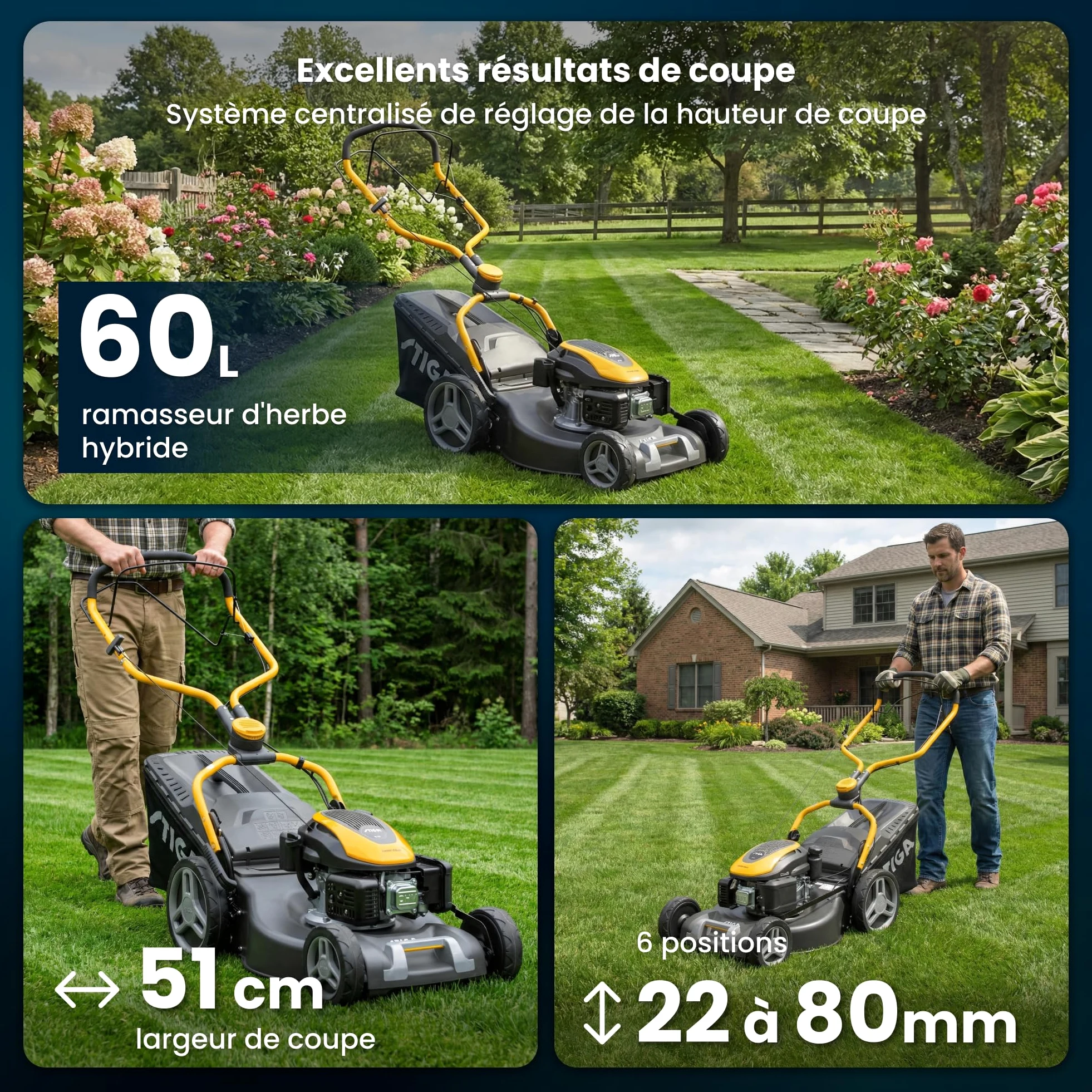 STIGA Combi 553 S Tondeuse à Gazon tractée - Moteur 166cc, Largeur de Coupe 51cm, bac de ramassage 60L, système de Coupe 3 en 1, Gris