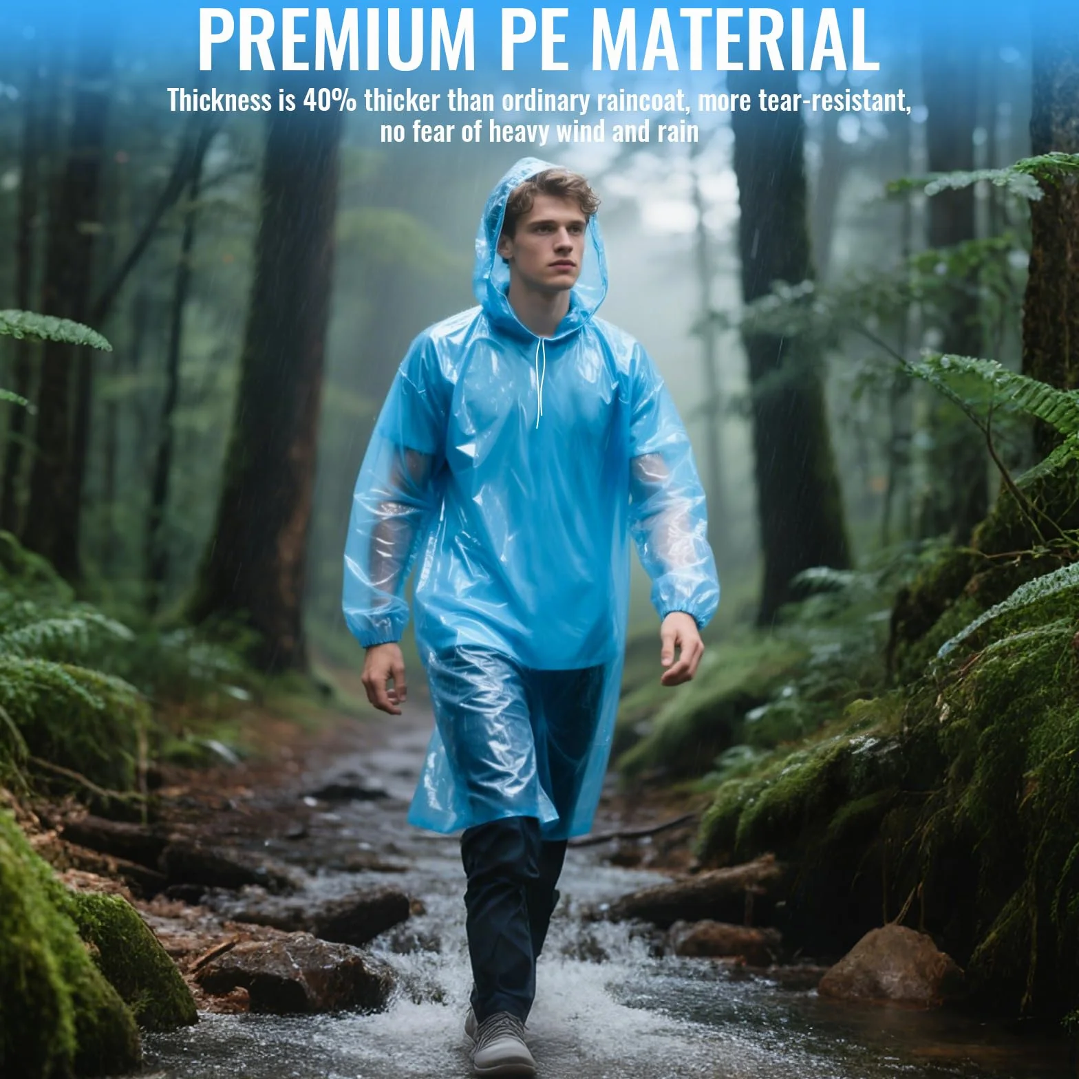 GAOHUI Lot de 4 Ponchos de Pluie Jetables Adultes Adolescents Capuche Protection Extérieur Transparent Bleu