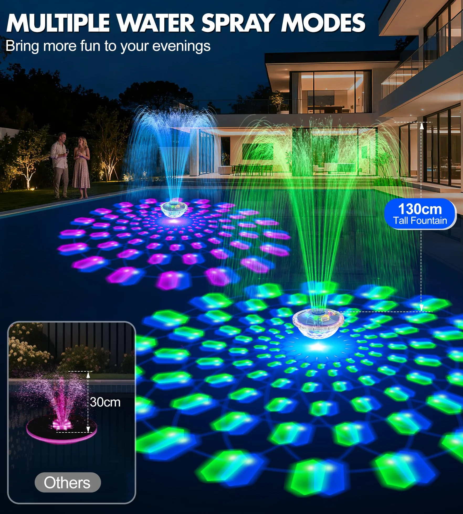 Fontaine Flottante Piscine avec Spectacle Lumineux 8000mAh 2 Modes Pulvérisation Jet Eau 130cm