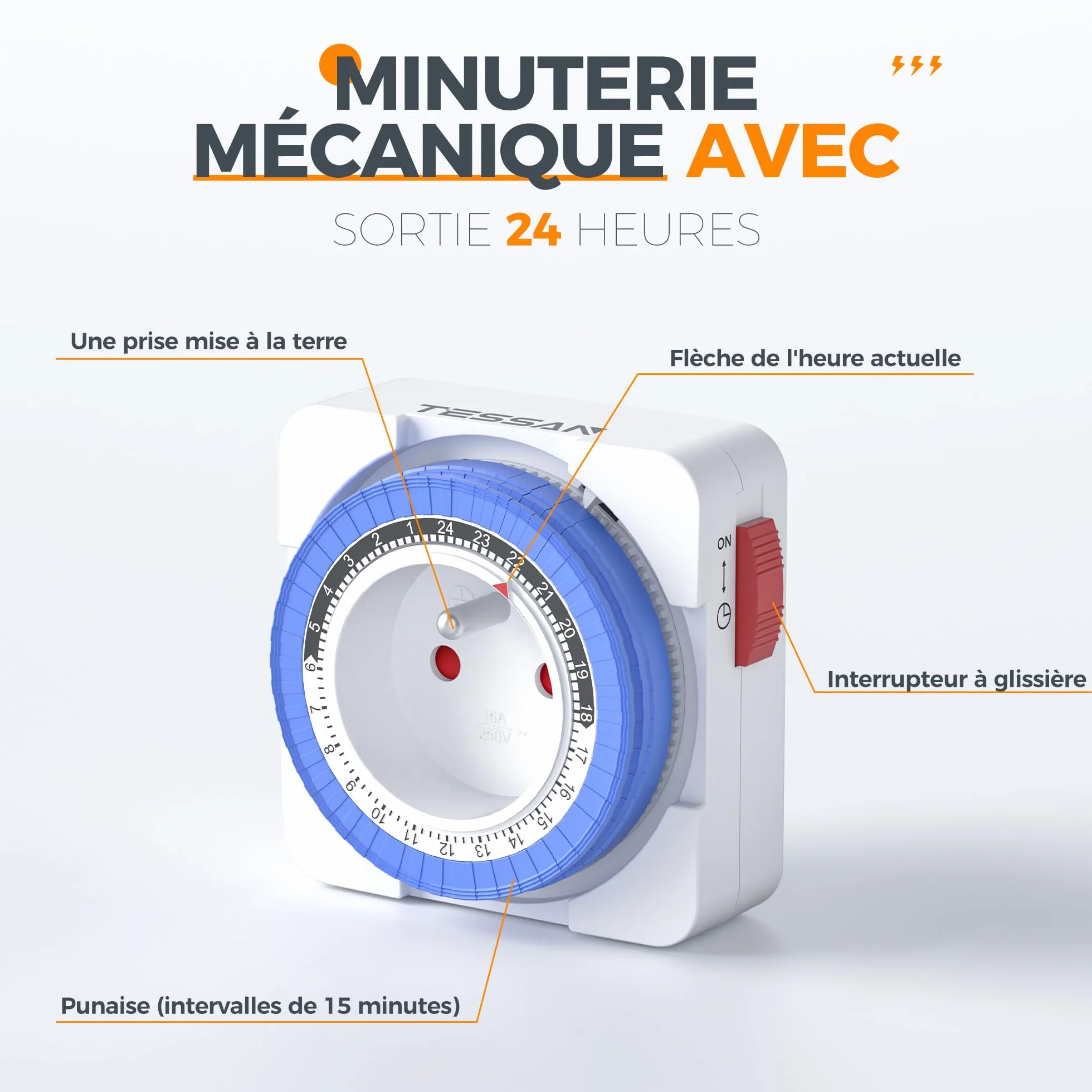 TESSAN Prise Minuteur Programmable 24 Heures 3680W 96 Segments Intervalle 15 Minutes