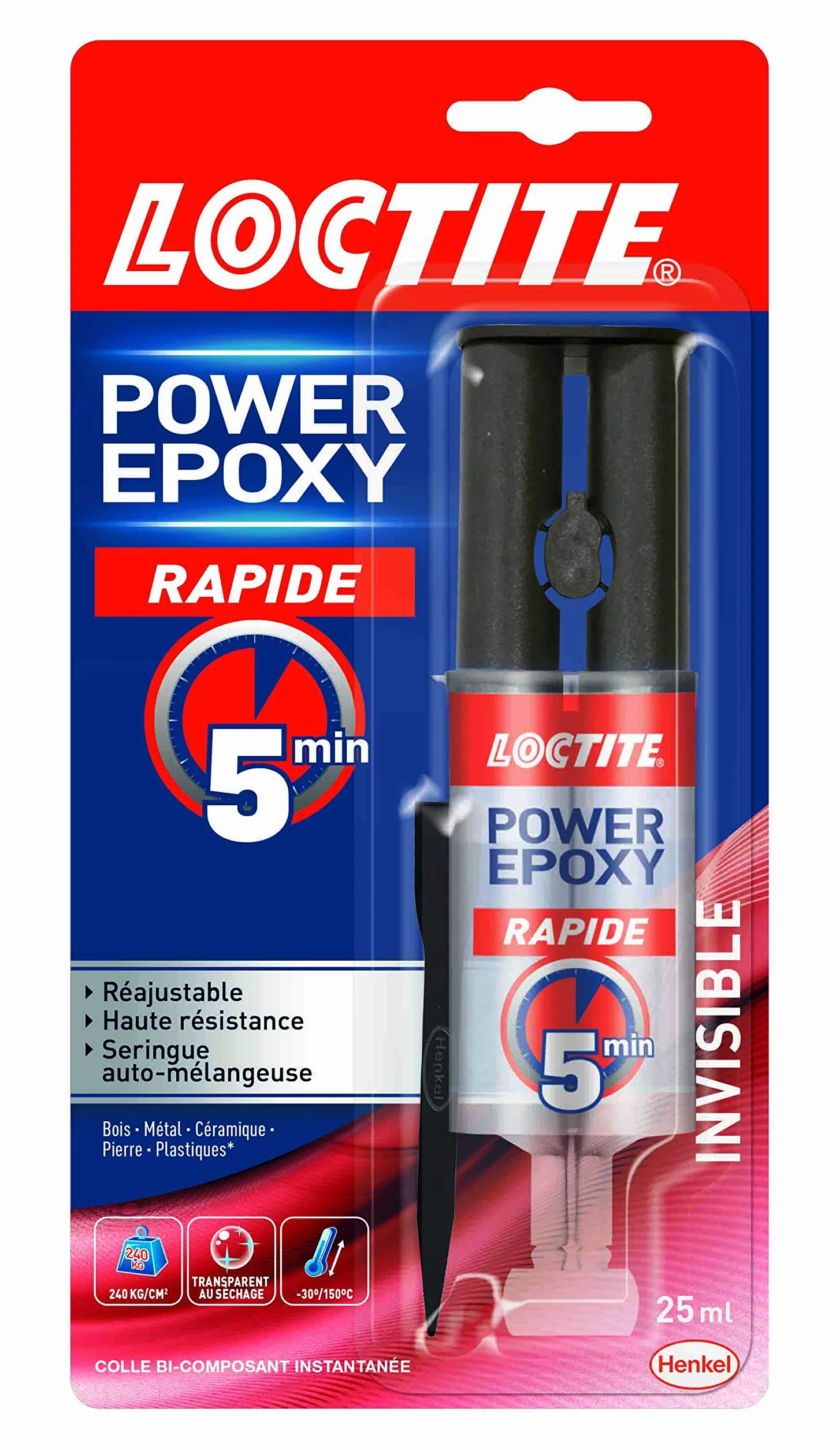 Loctite Colle Power Epoxy Rapide 5 Minutes 25 ml, Colle époxy réajustable, seringue auto-mélangeuse