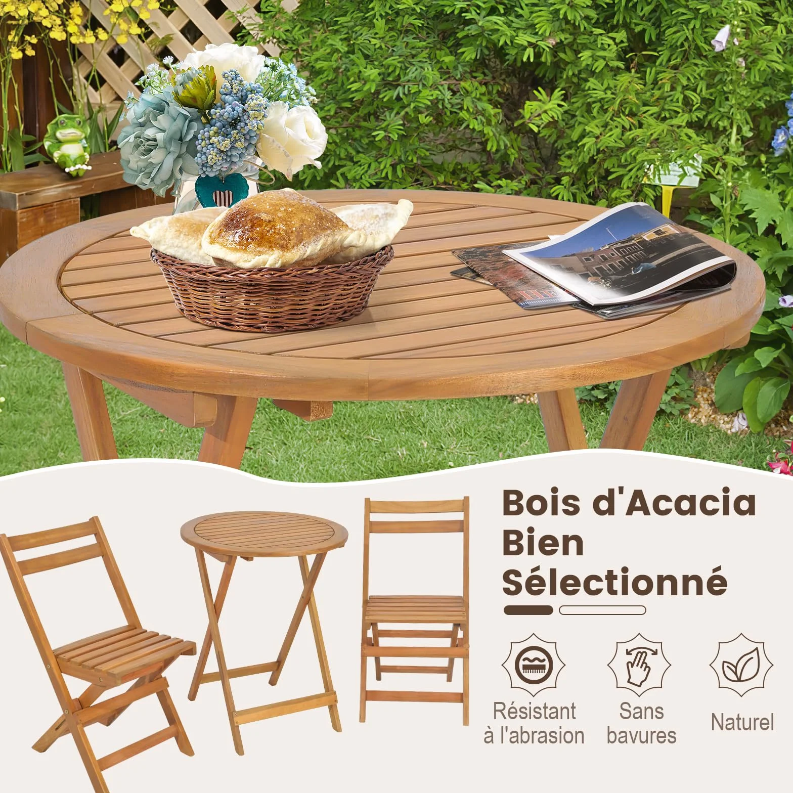 Giantex Table de Jardin Exterieur avec Chaise, 1 Table Ronde et 2 Chaises Bois d'Acacia avec Dossiers, Ensemble Meuble Extérieur, Salon de Jardin 2 Personnes, Table et Chasie Pliantes pour Balcon