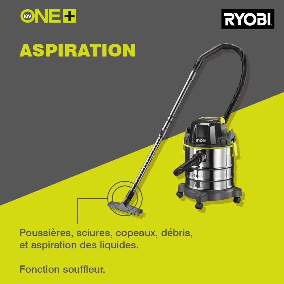 RYOBI Aspirateur Eau et Poussière sans Fil 18V One+ R18WDV-0 Cuve 11L Tuyau 1,8 m Accessoires Inclus