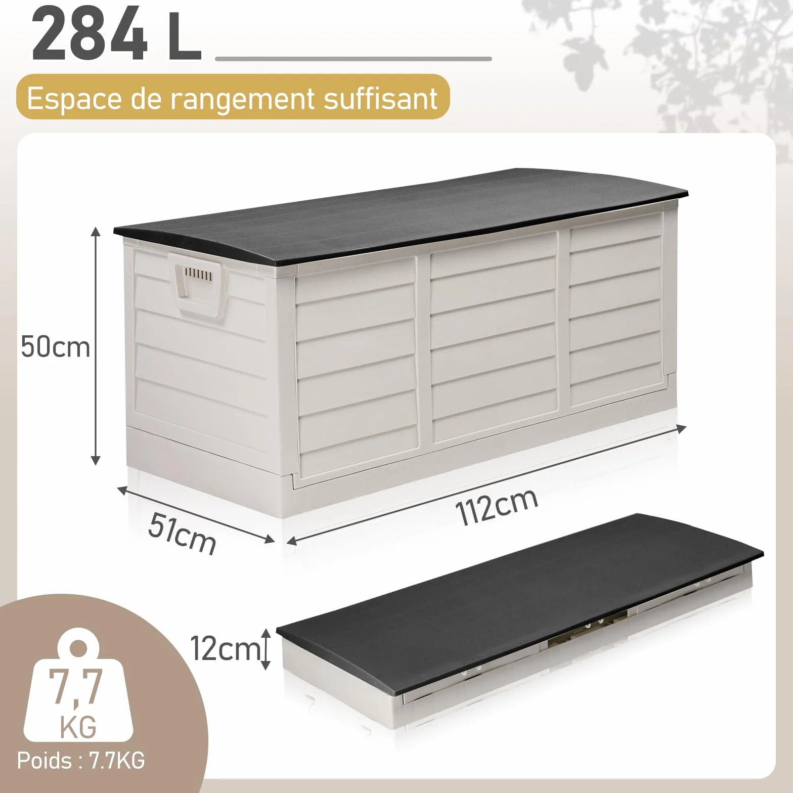 Coffre de jardin extérieur pliable 284 L imperméable résistant aux UV avec poignées et roues Noir et blanc
