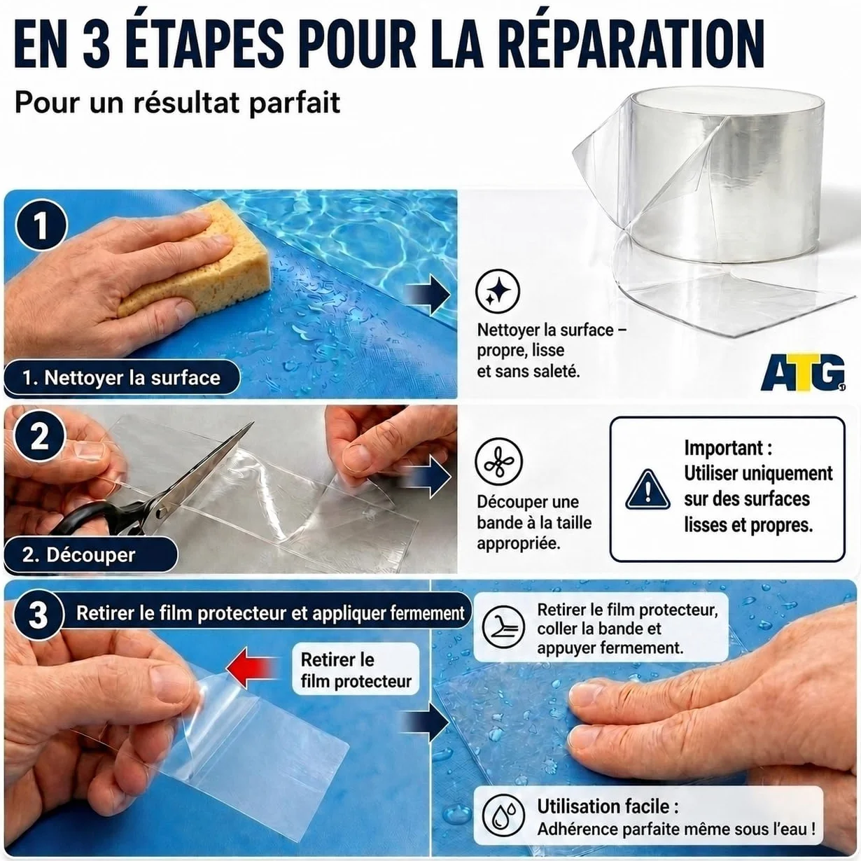 ATG® Kit réparation piscine sous l’eau – scotch étanche transparent 10×150 cm, ruban adhésif PVC
