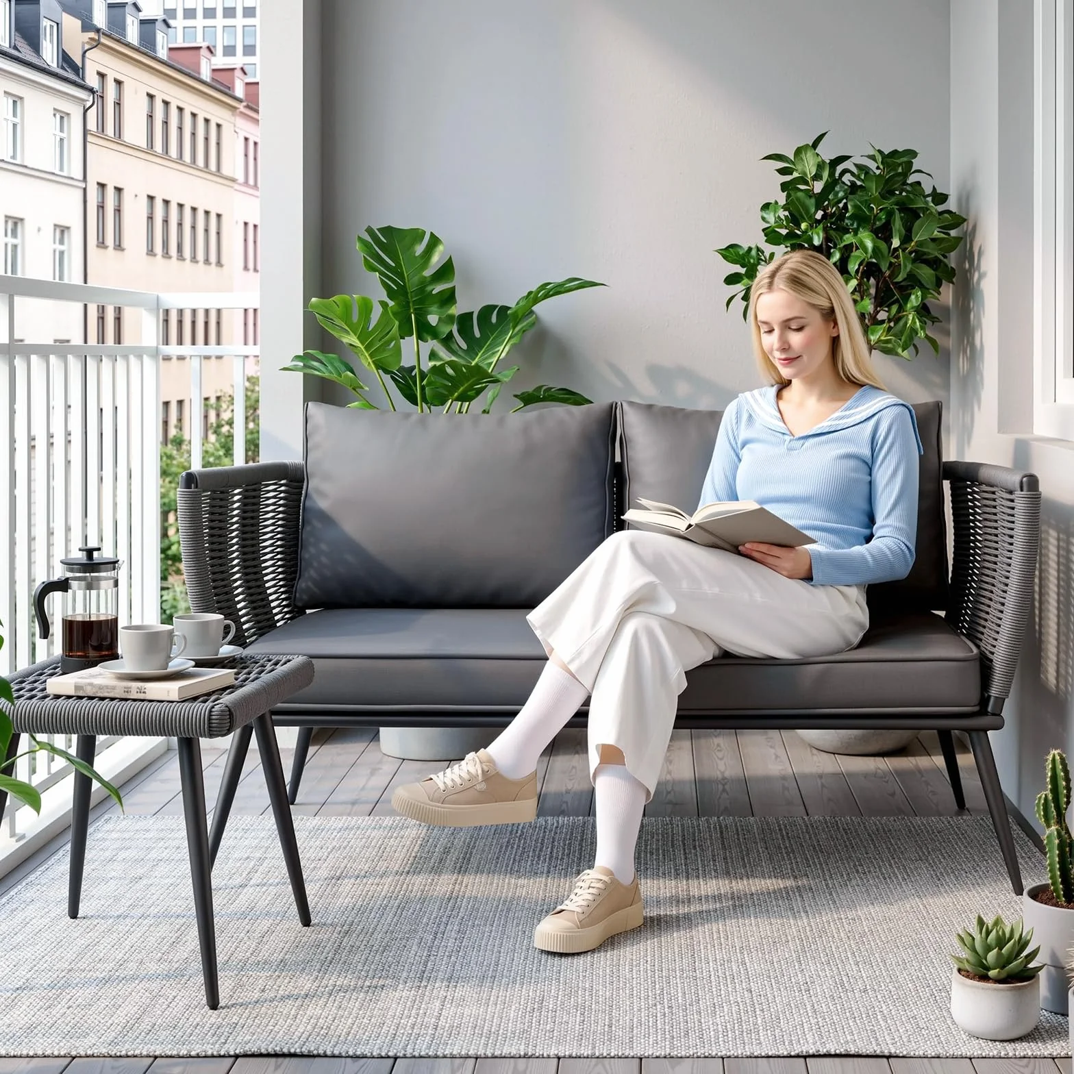 LIFERUN Canapé de Jardin 2 Places en Résine Tressée avec Coussins d'Assise et de Dossier, Banc de Jardin avec Accoudoirs, pour Balcon, Terrasse, Jardin, Piscine, Intérieur et Extérieur, Gris