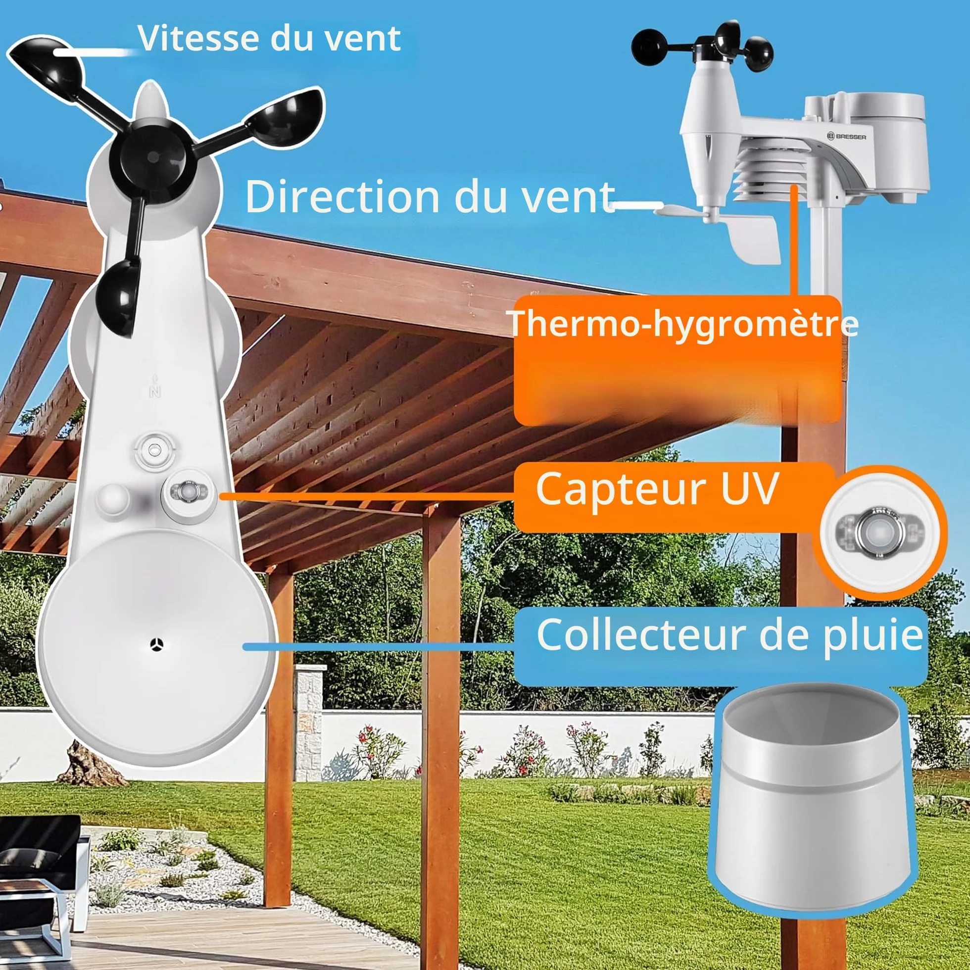 Bresser ClearView Station Météo Sans Fil WiFi Capteur Extérieur Pro 7 en 1 Noir