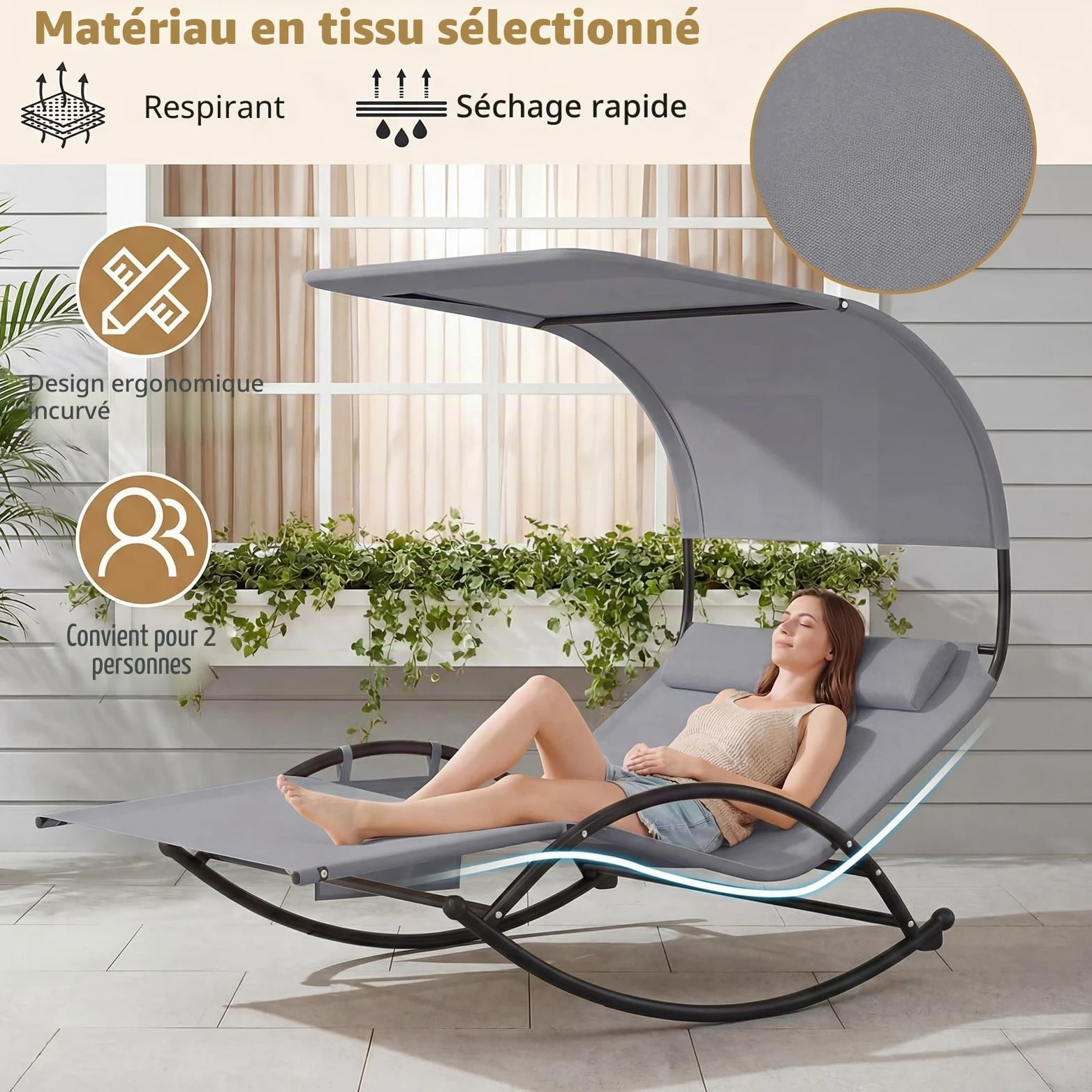 GIANTEX Chaise Longue de Jardin à Bascule pour 2 Personne, Poche Latérale, Transat Double à Bascule, Charge 300 kg, Auvent Pare-Soleil, 2 Oreillers Amovibles, Cadre en Métal, pour Jardin, Balcon, Gris