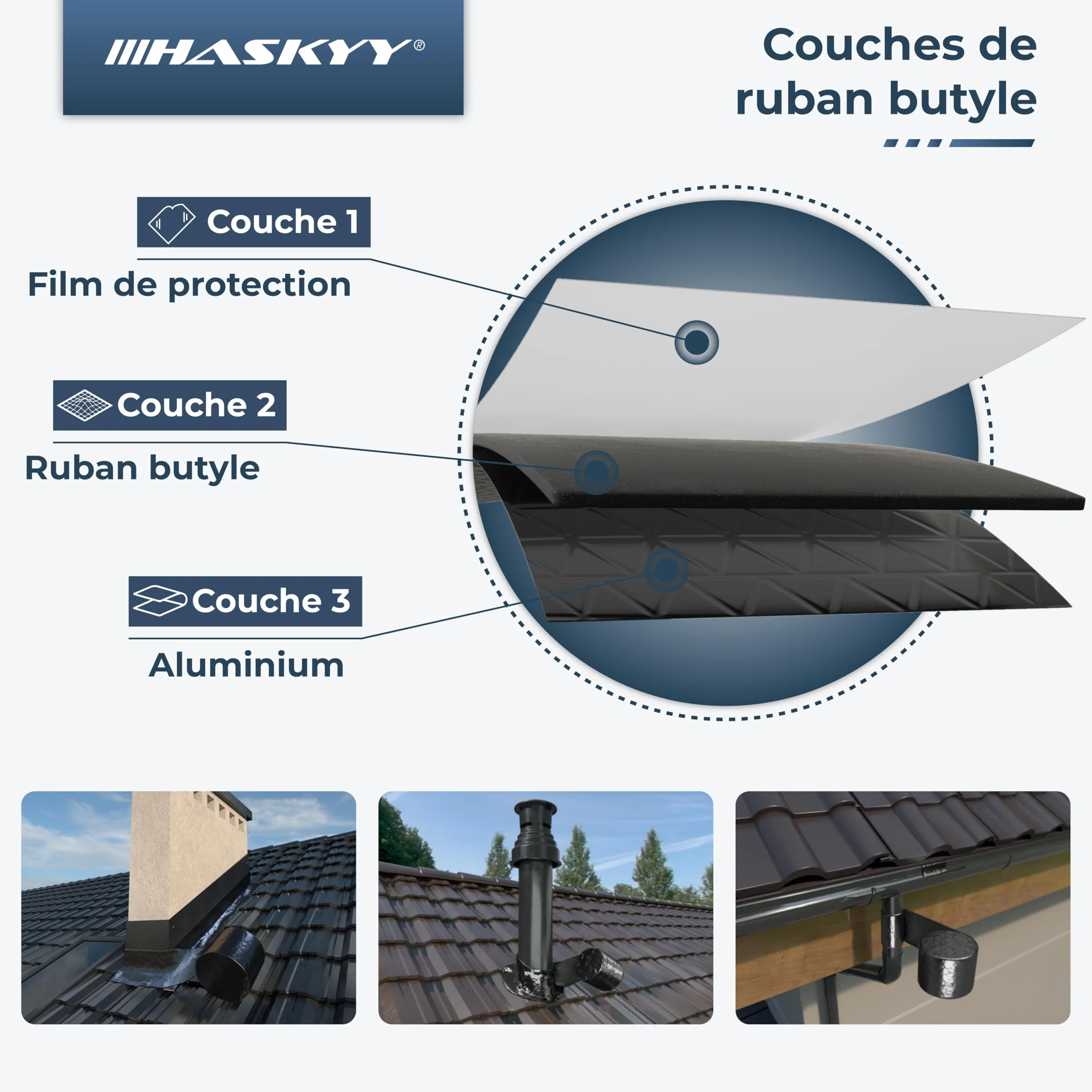 HASKYY Ruban adhésif étanche en butyle 50 mm x 10 m anthracite avec film aluminium résistant aux UV