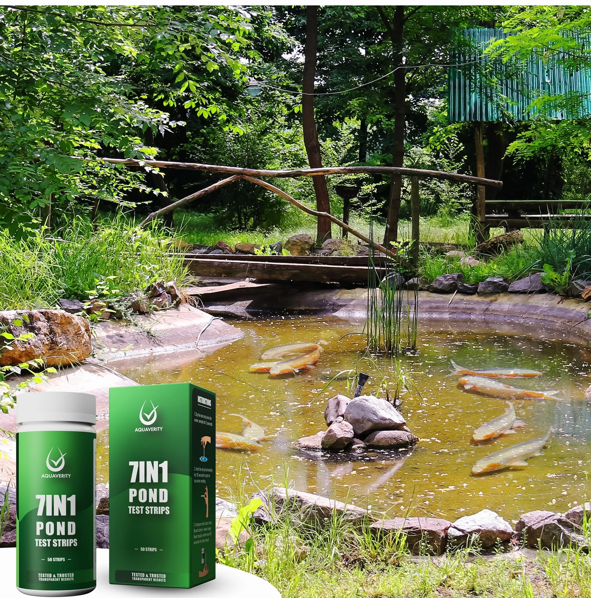 Bandelettes de test 7 en 1 pour bassin – Kit de test précis pour le pH, les nitrates, les nitrites, les carbonates, la dureté, le chlore total et libre – Pour bassins – 50 bandelettes