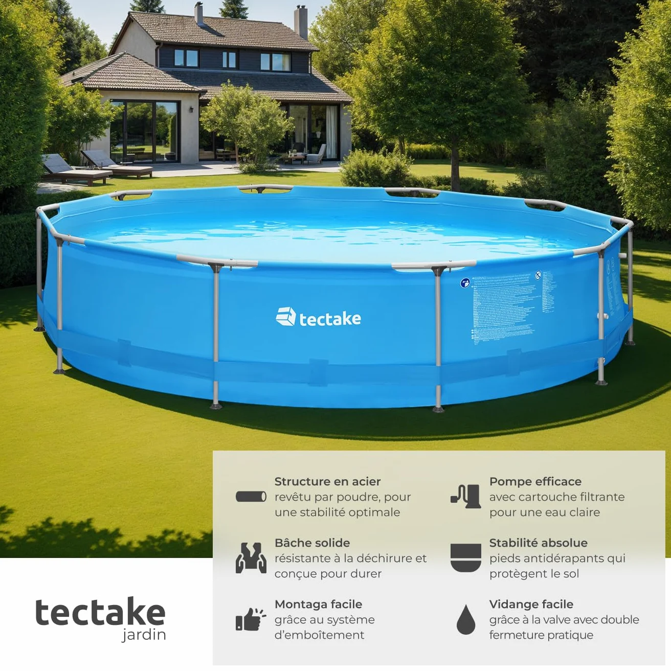 tectake® Piscine Tubulaire Ronde Piscine Hors Sol Ø360 x 76 cm Bleu, Structure en Acier, PVC Résistant aux UV & à la déchirure, avec Pompe Piscine à Filtre, Montage & démontage Facile