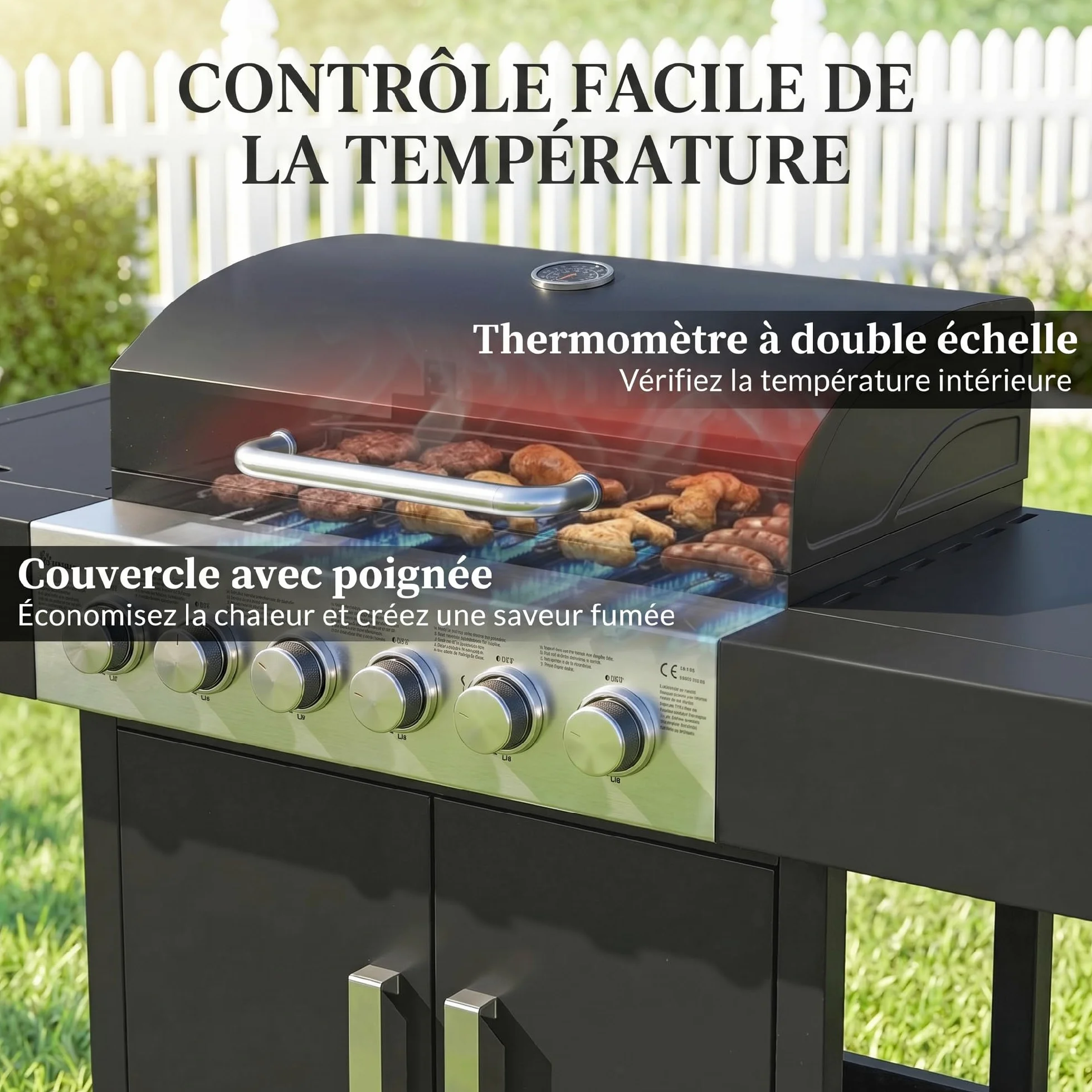 Outsunny Barbecue à gaz 6+1 brûleurs chariot portable avec roues, grille de maintien au chaud, thermomètre intégré, étagères latérales, placard et couvercle Noir