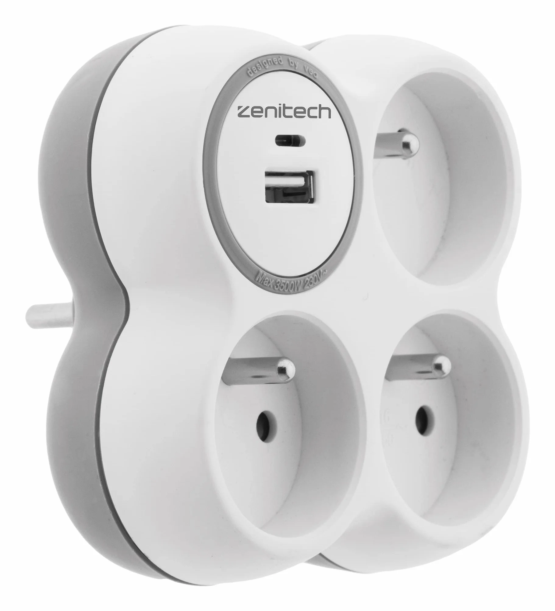 Zenitech Prise 3x16A 2 Ports USB A/C Blanc Gris