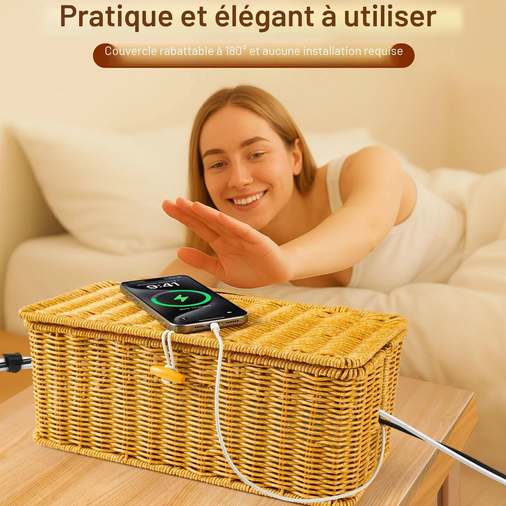 Gucass Lot de 2 Boîte Rangement Câble avec Couvercle, Boîte Organisation Câbles Rotin, Multiprise Cacher Câbles Grande Moyenne