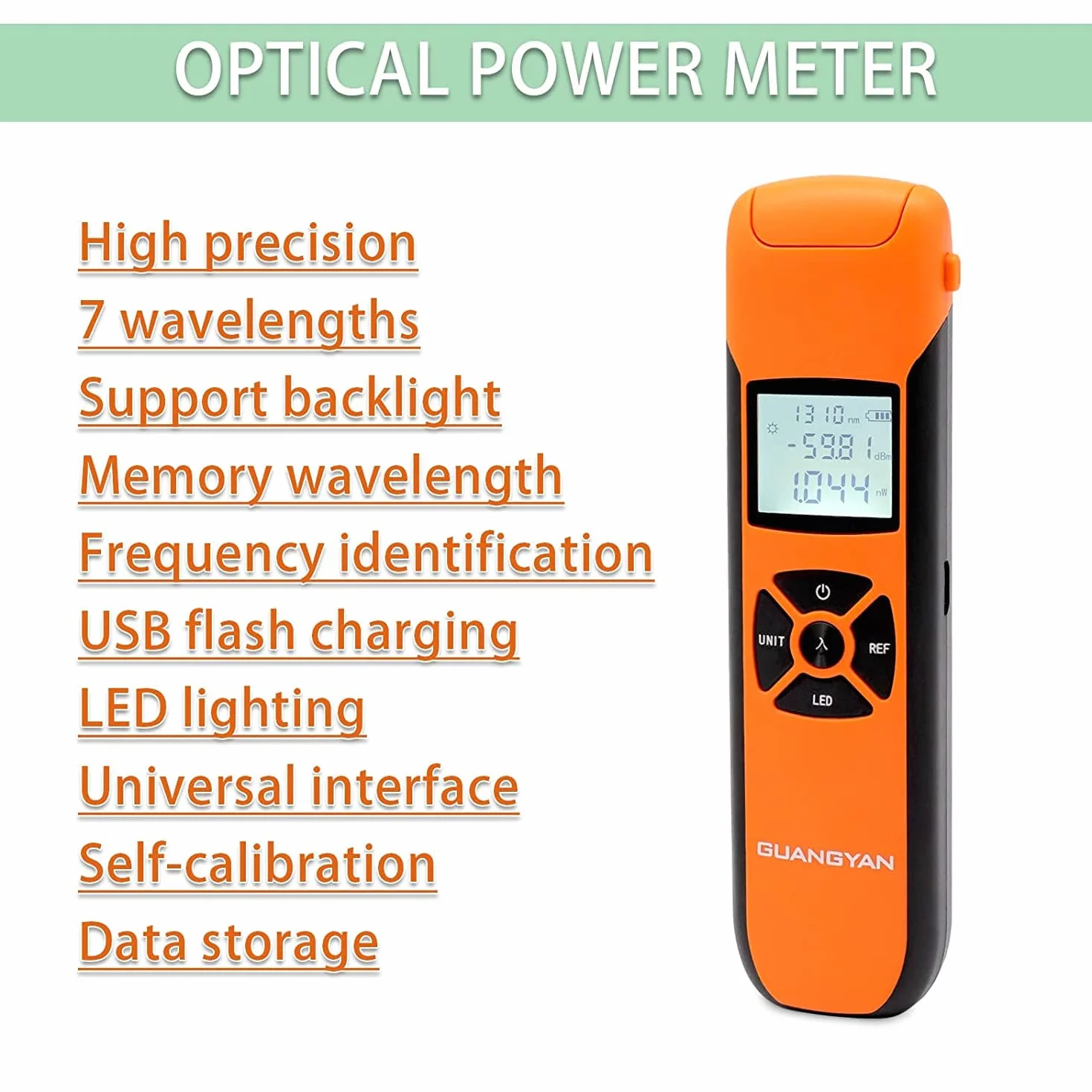 Photomètre Fibre Optique Mini Portatif Léger Laser Compteur de Lumière pour Tester 7 Longueurs d'Onde Calibrées Compteur de Puissance Optique Haute Précision Rechargeable