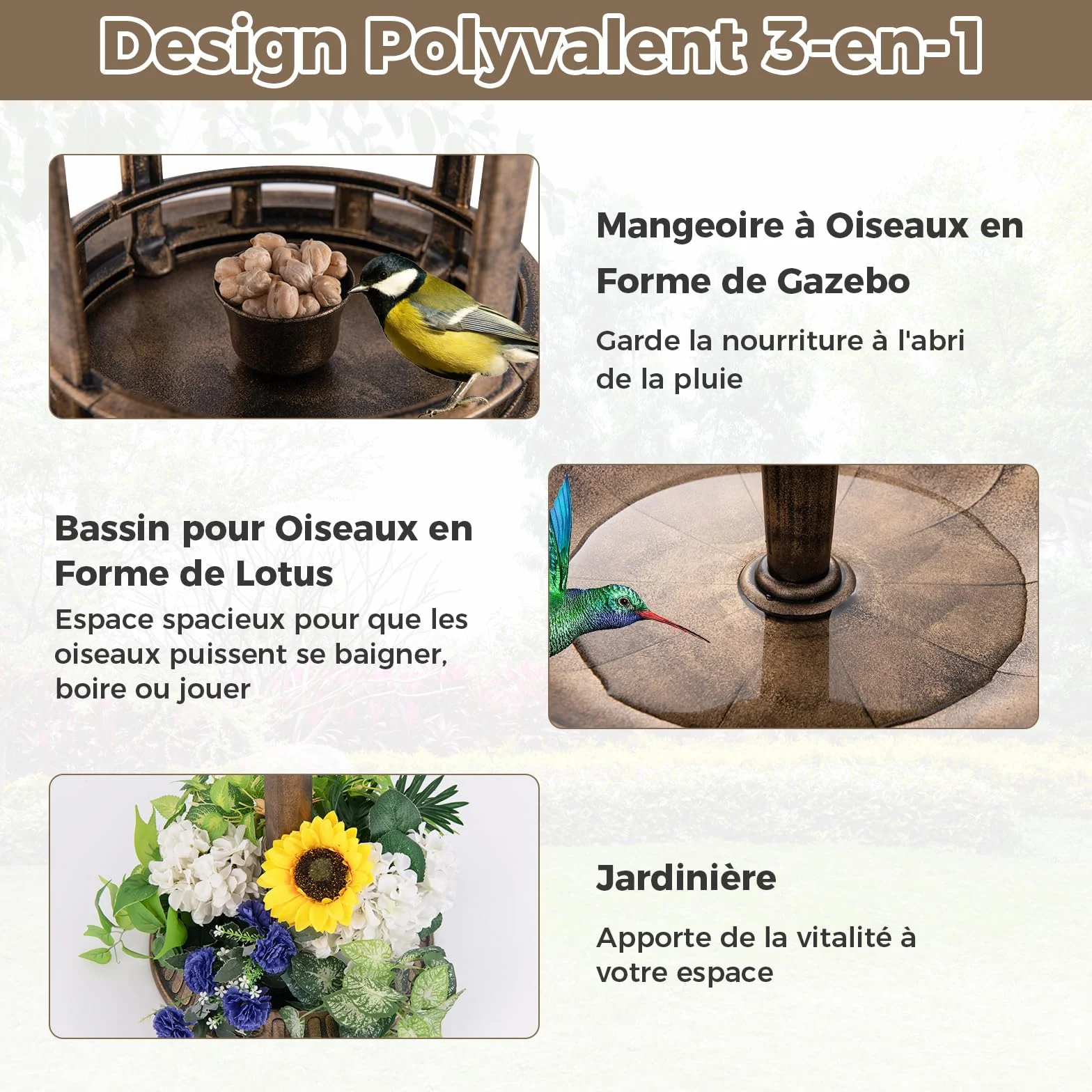 COSTWAY Bain d'oiseaux 3 en 1 Solaire, Décoration Extérieur Pied Rétro Éclairé Lampe Jardinière Mangeoire Abreuvoir Oiseaux Jardin Bronze