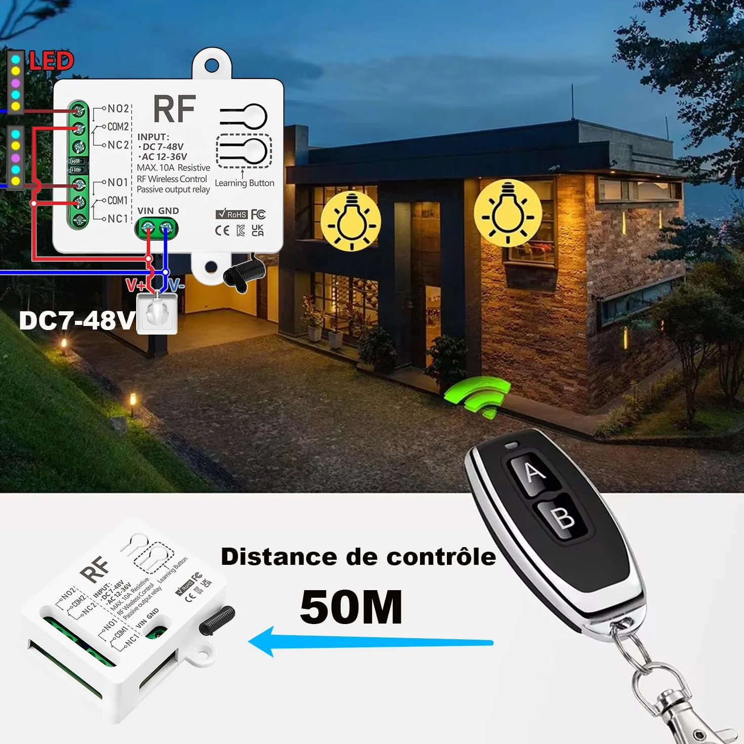 433MHz Commutateur Sans Fil 2 Canaux DC 7-48V AC 12-36V 10A Relais Récepteur avec 2 Émetteurs