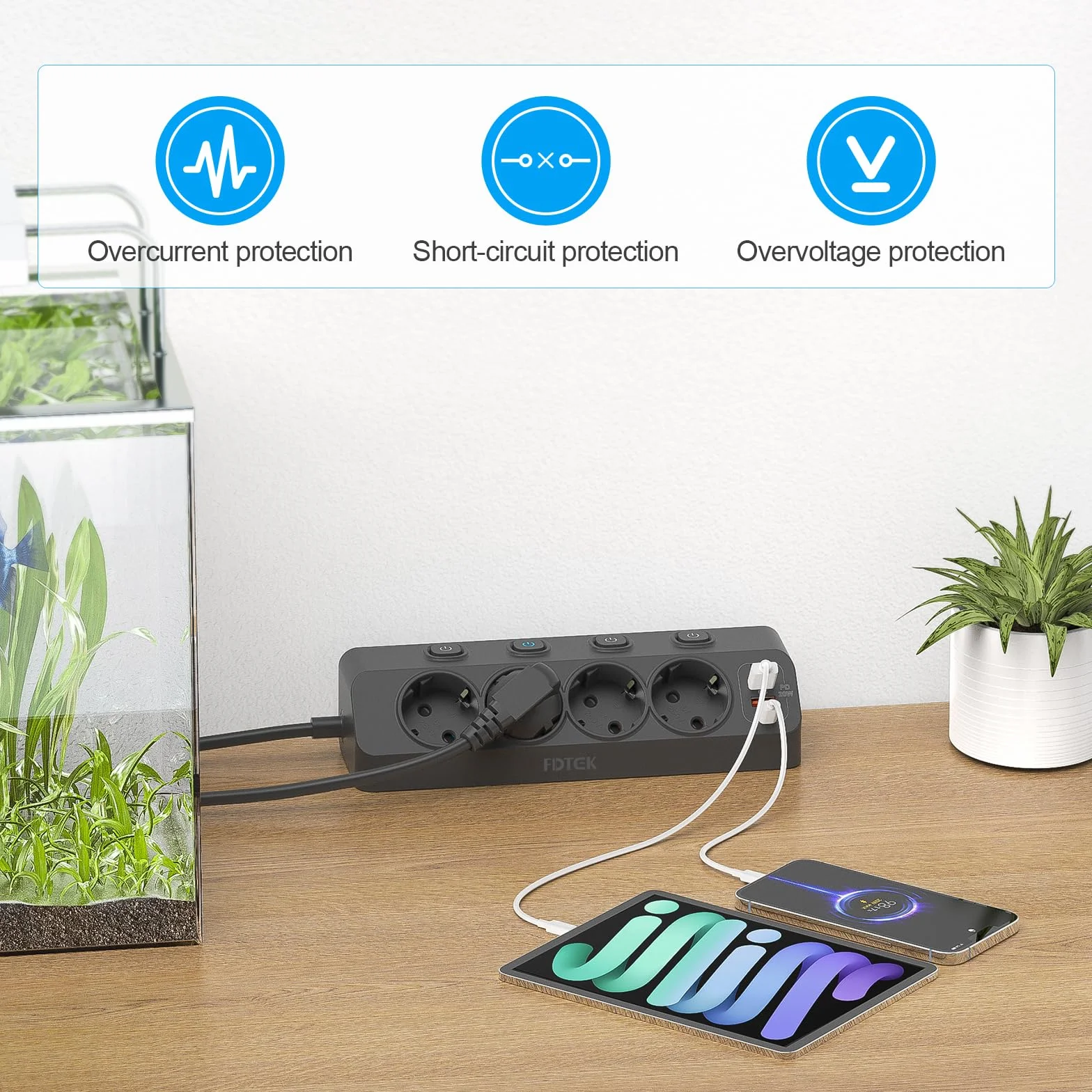 FDTEK Multiprise d'angle 4 Prises 2 USB C 2 USB A PD 20W Protection Surtensions Câble 2M